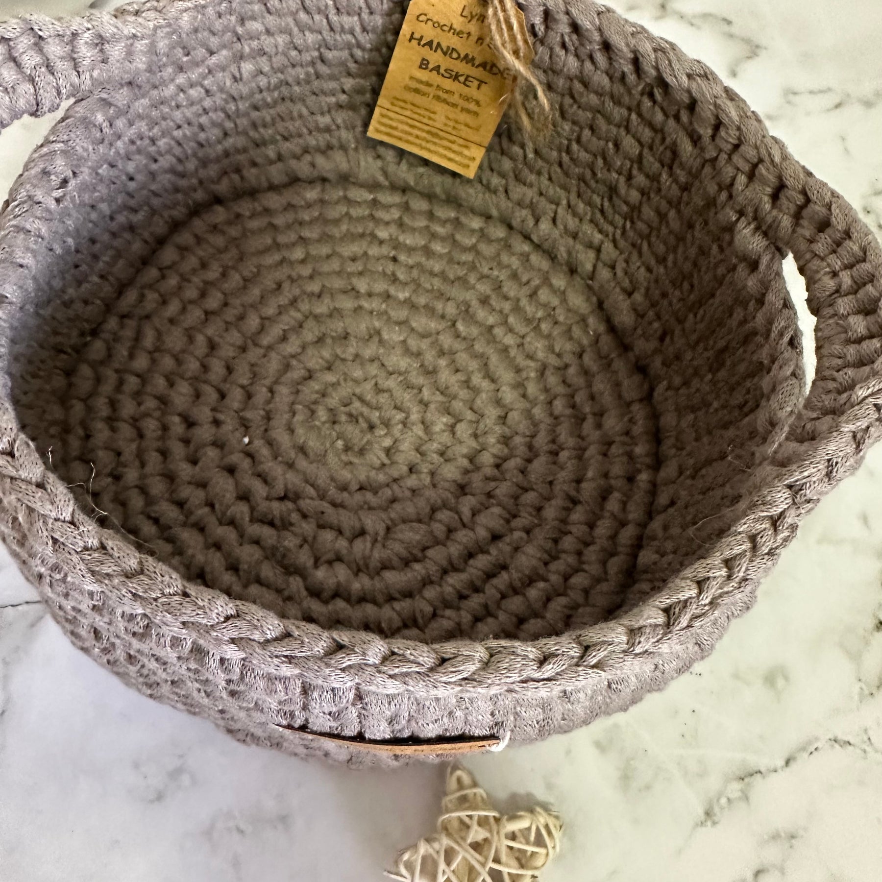 Neutral Beige Crocheted Basket with Handles