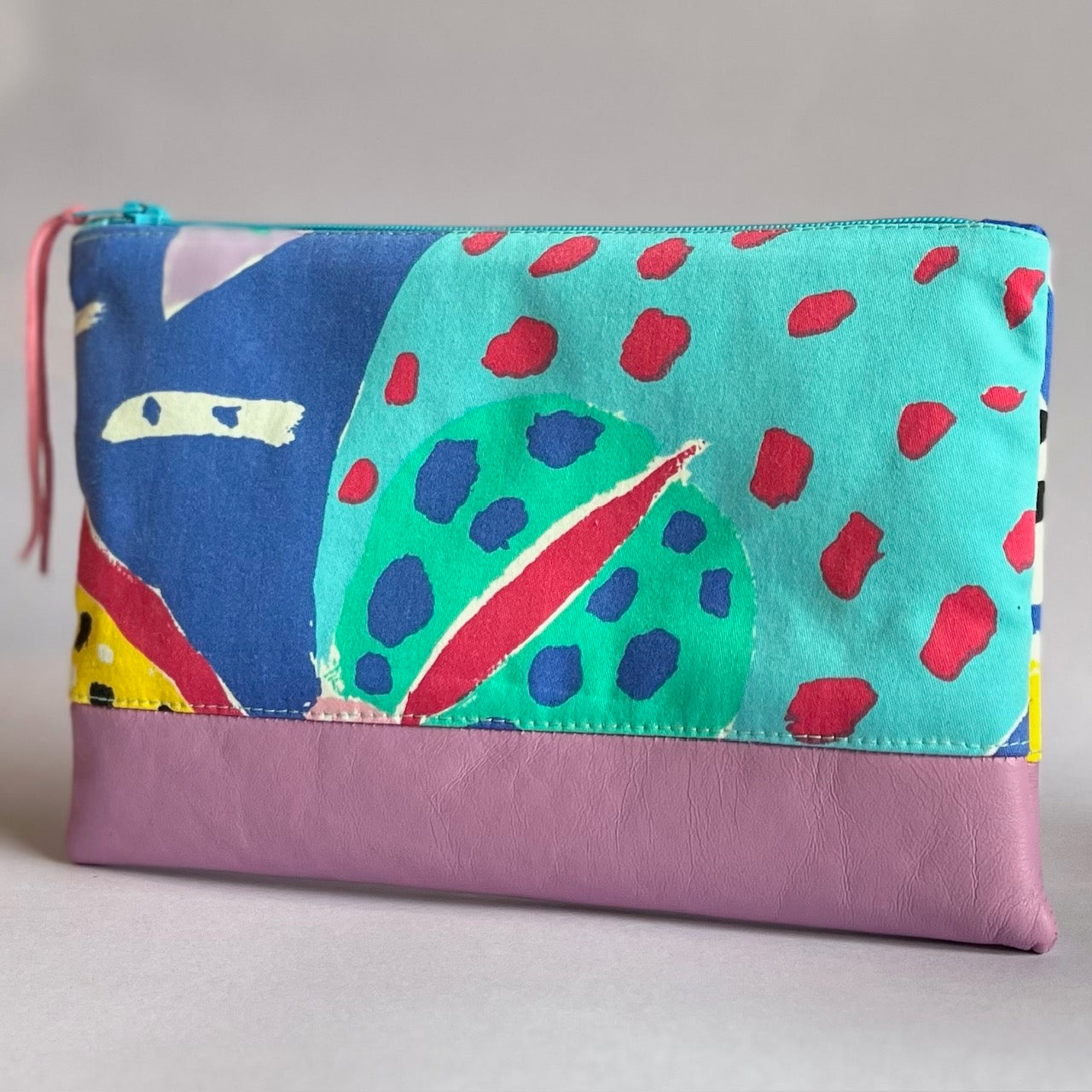 Colourful, repurposed vintage fabric zip POUCH with leather