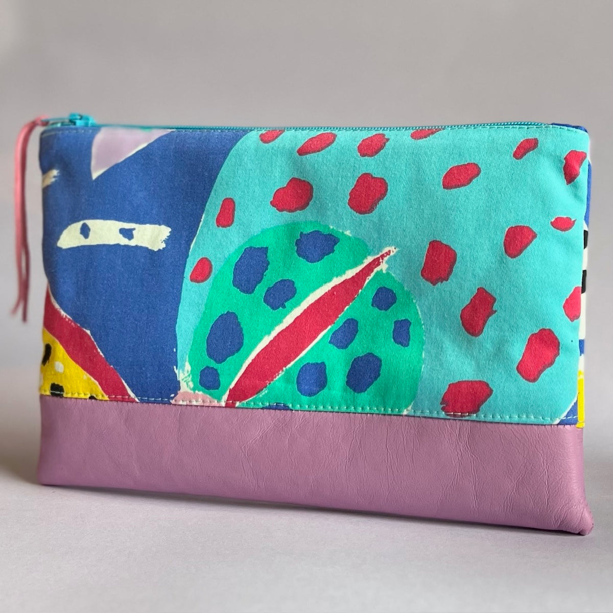 Colourful, repurposed vintage fabric zip POUCH with leather