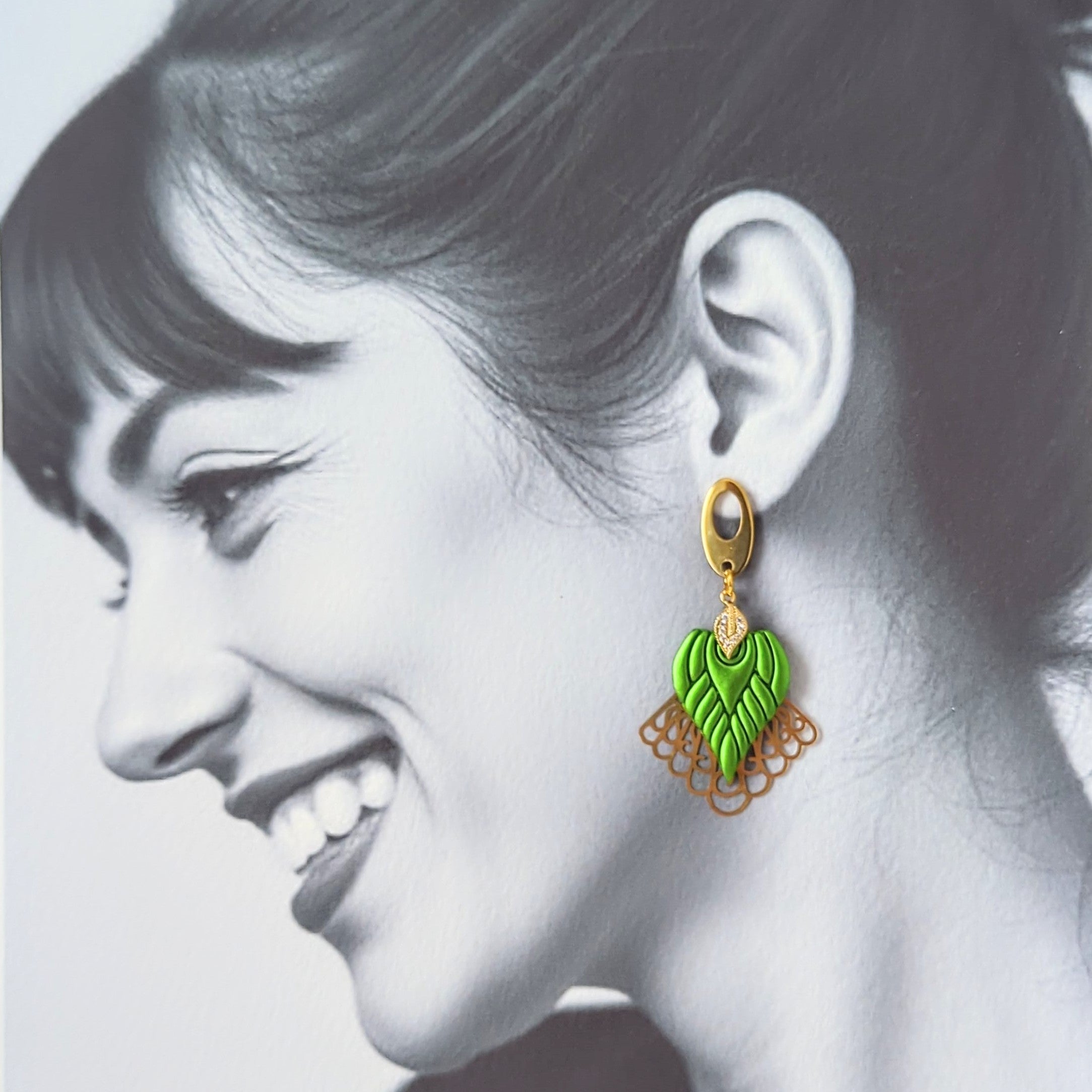 Green and Gold Drop Earrings.