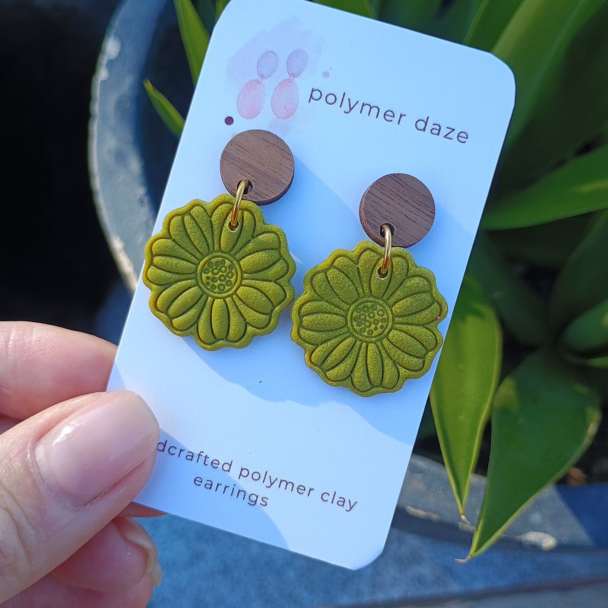 Embossed flower earrings with natural wood stud top