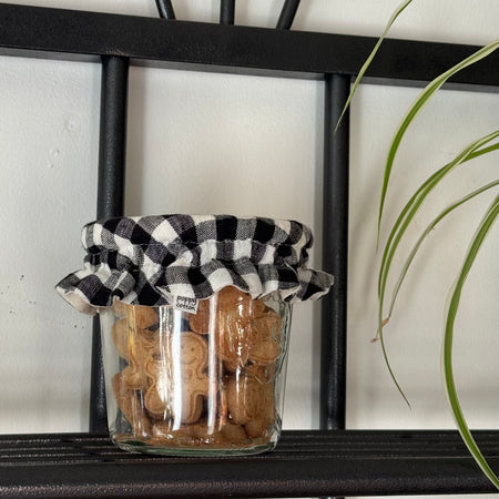 Black and White Linen Gingham Frilled Elastic Jar Cover (Fits Sourdough & Fermenting Jars)