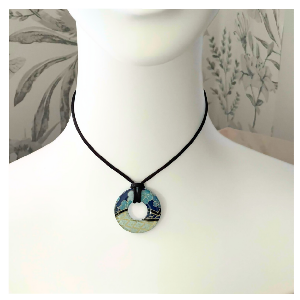 Blue Cherry Blossom Round Necklace with Adjustable Cord