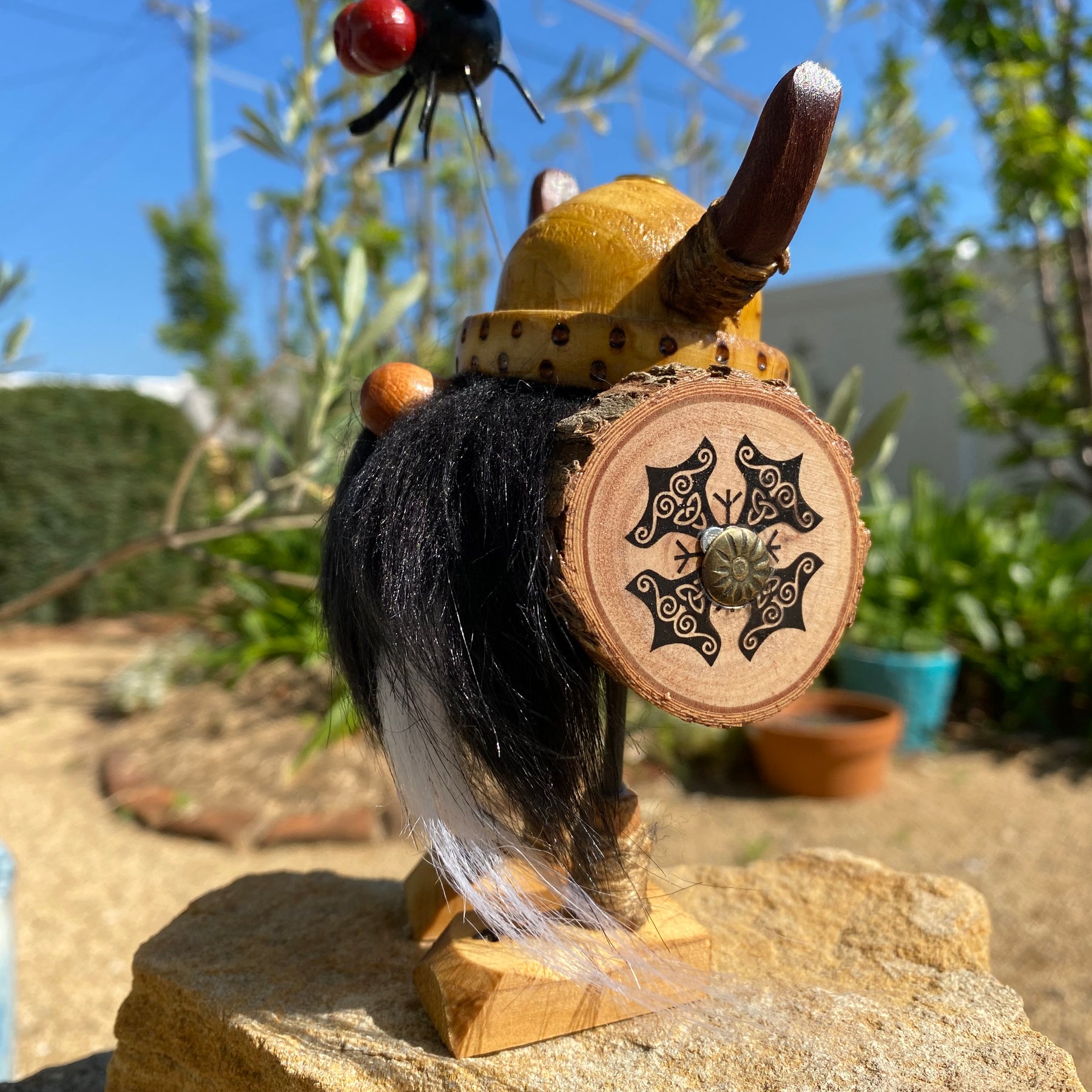 Handmade Wooden Viking Figurine with Pet Fly