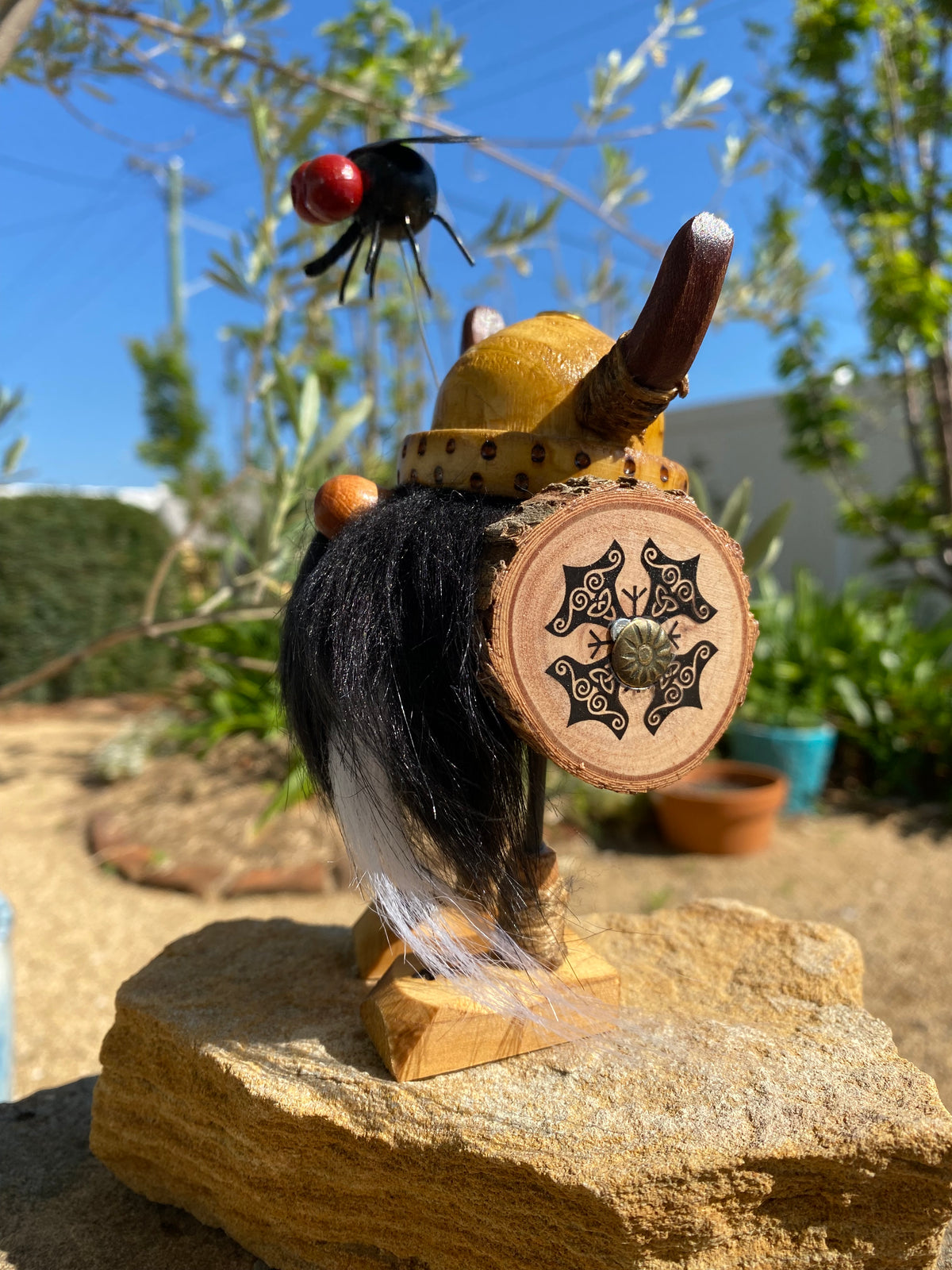 Handmade Wooden Viking Figurine with Pet Fly