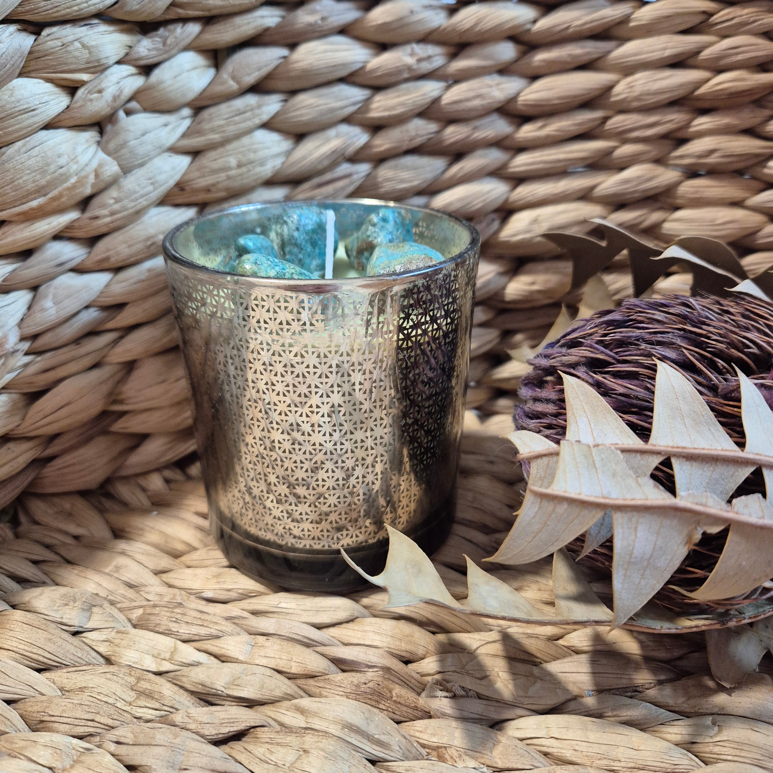 Glass geometric pattern sandalwood candle with turquoise stones
