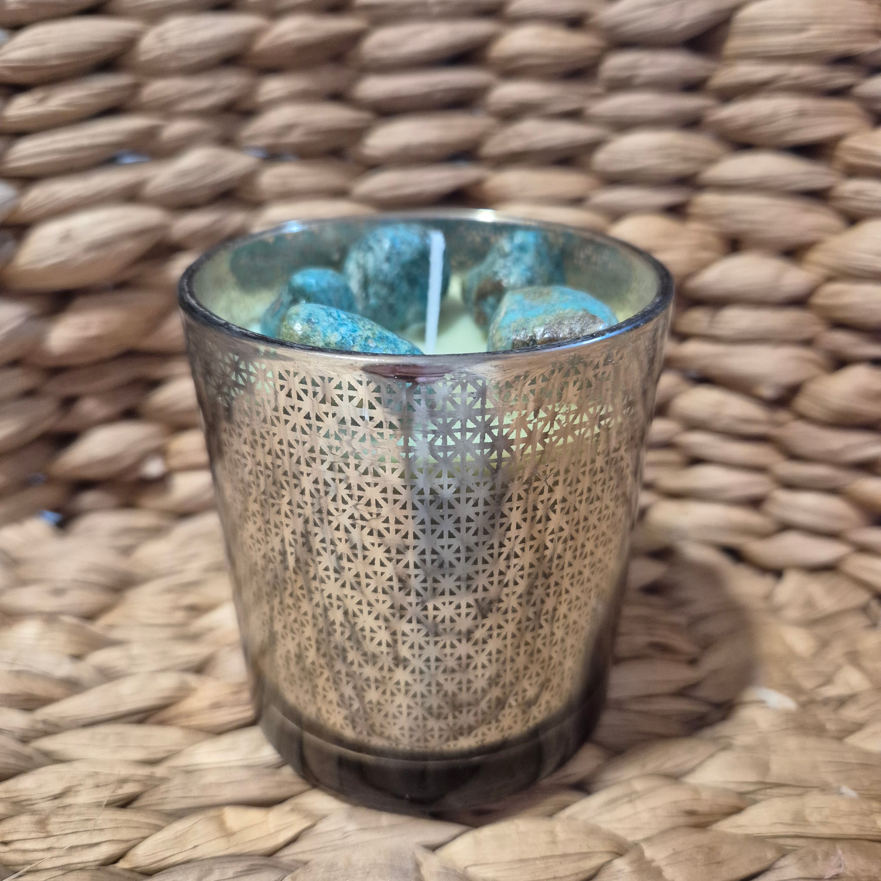 Glass geometric pattern sandalwood candle with turquoise stones