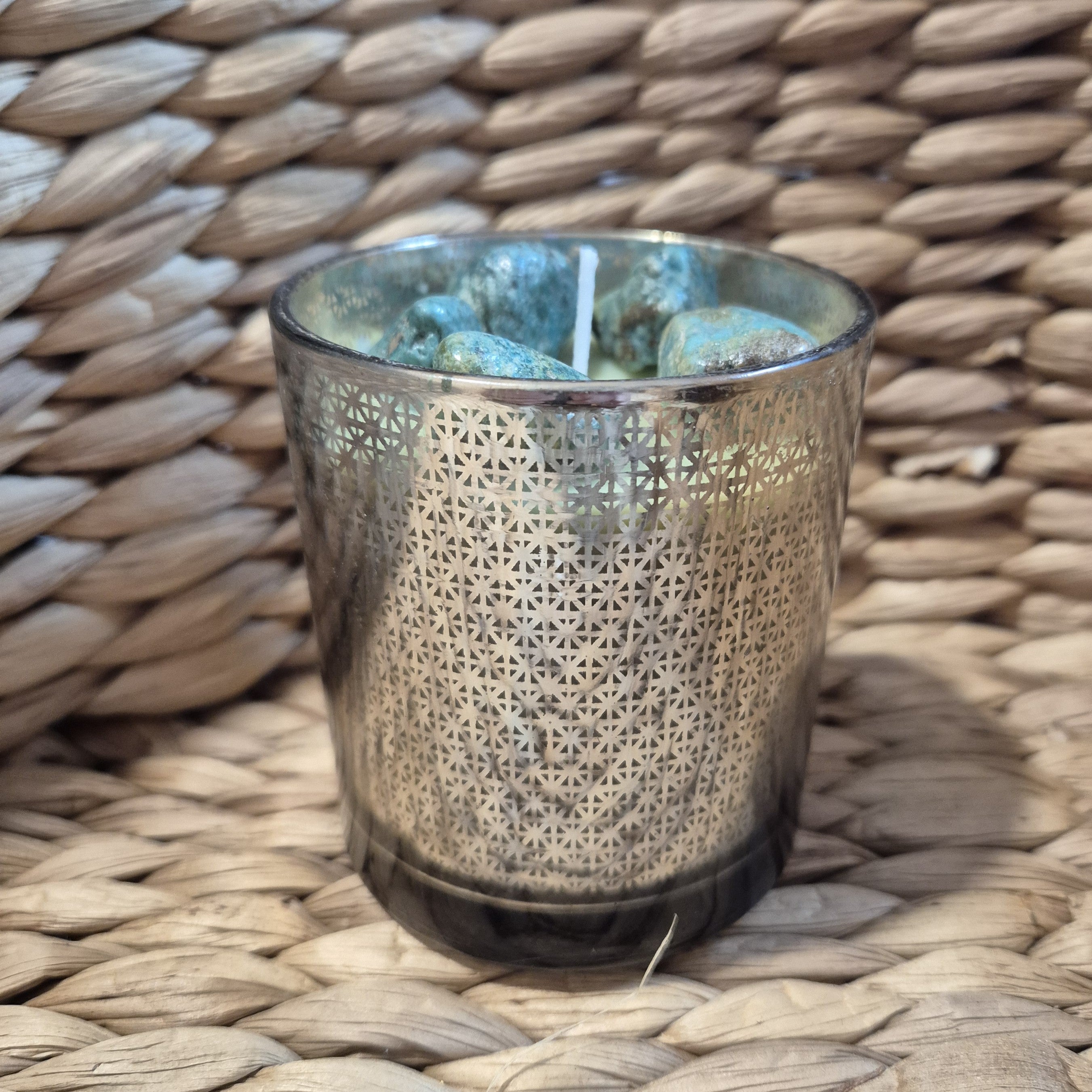 Glass geometric pattern sandalwood candle with turquoise stones
