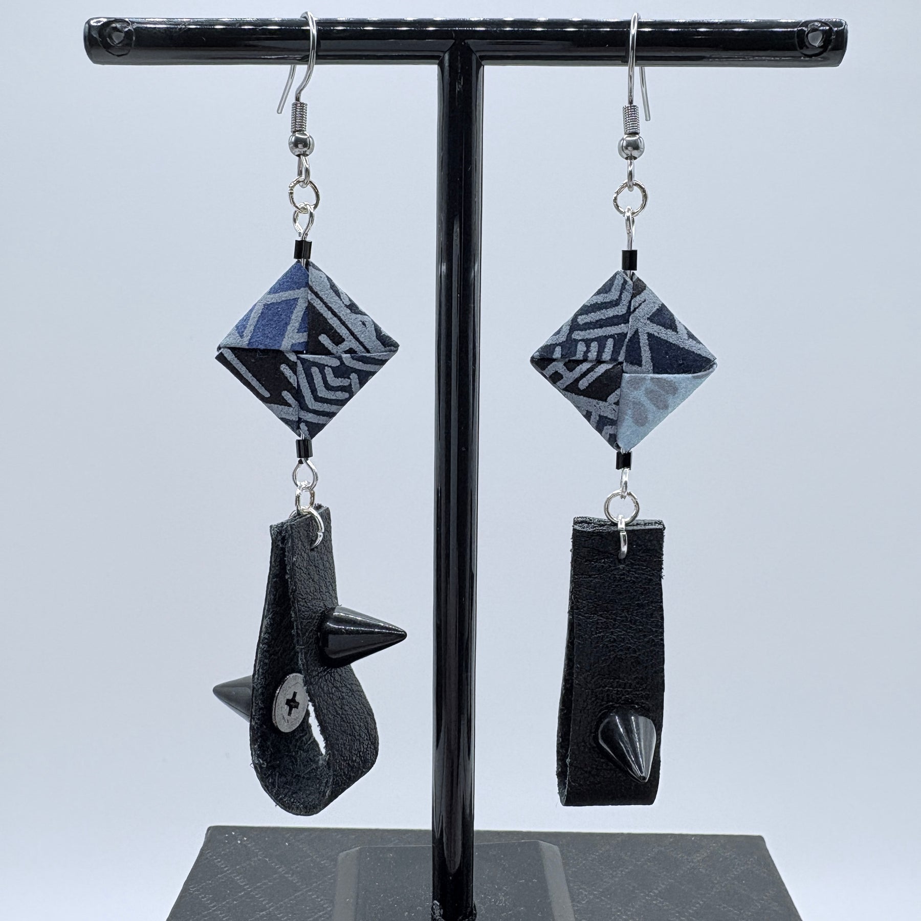 Indigo Japanese Paper and Leather Earrings – statement origami earrings