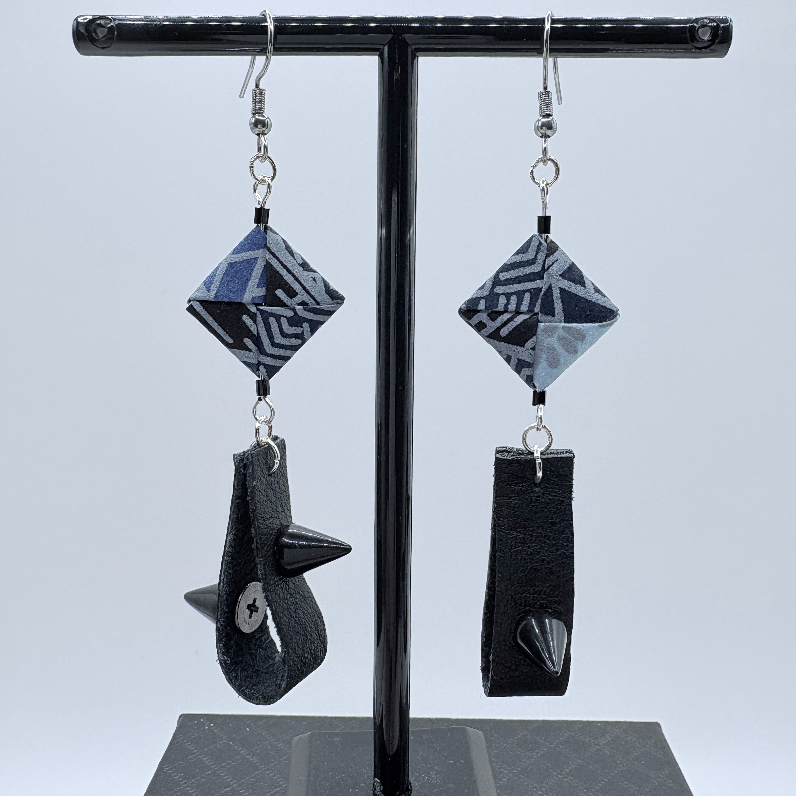 Indigo Japanese Paper and Leather Earrings – statement origami earrings