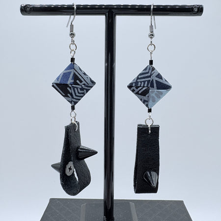 Indigo Japanese Paper and Leather Earrings – statement origami earrings