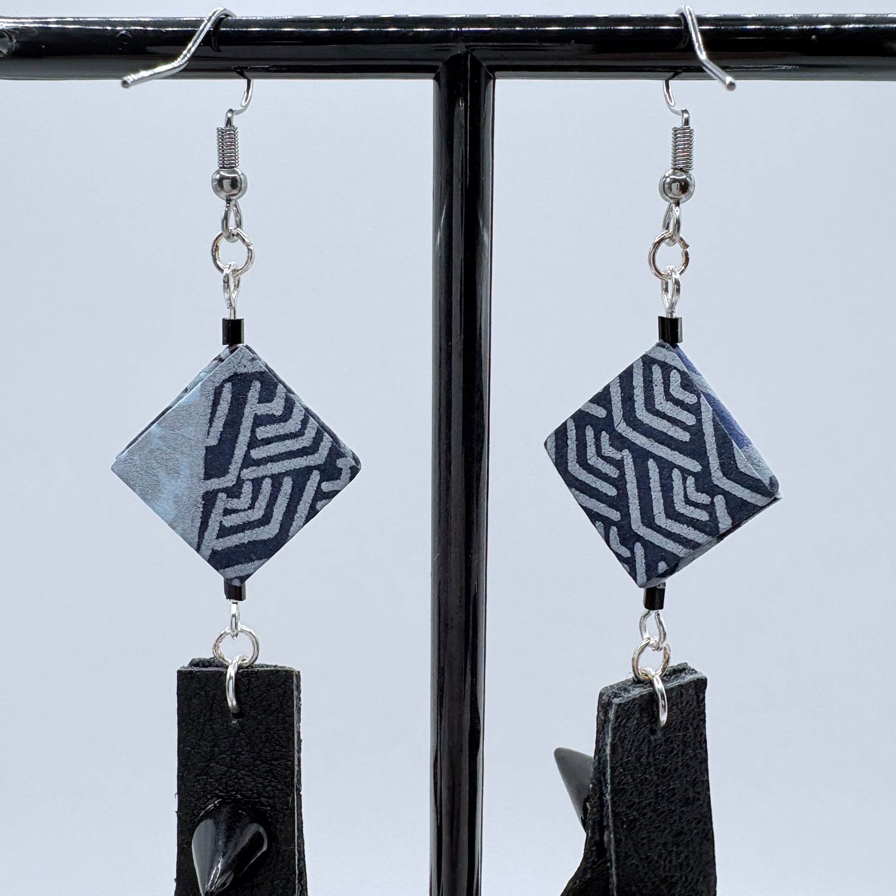 Indigo Japanese Paper and Leather Earrings – statement origami earrings