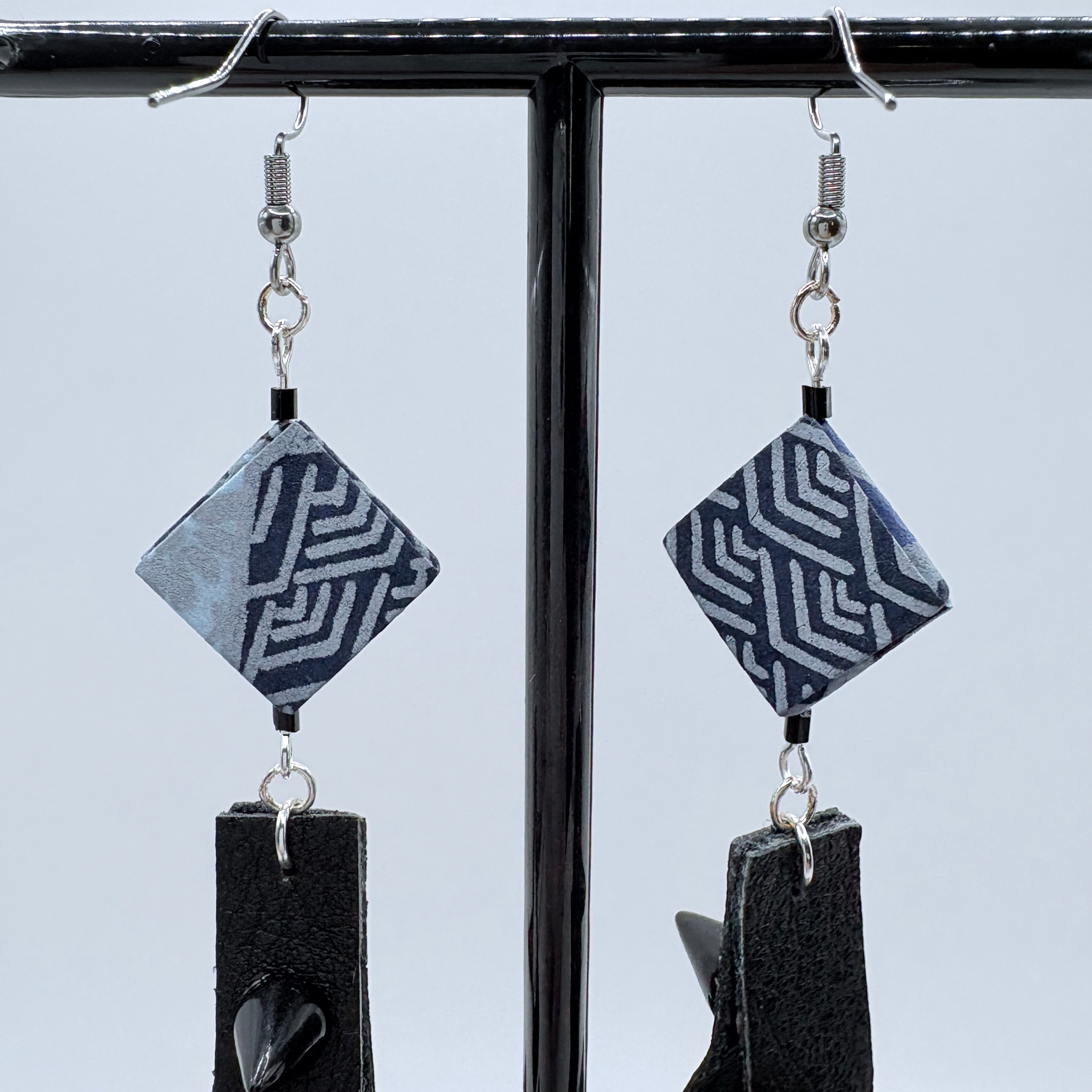 Indigo Japanese Paper and Leather Earrings – statement origami earrings
