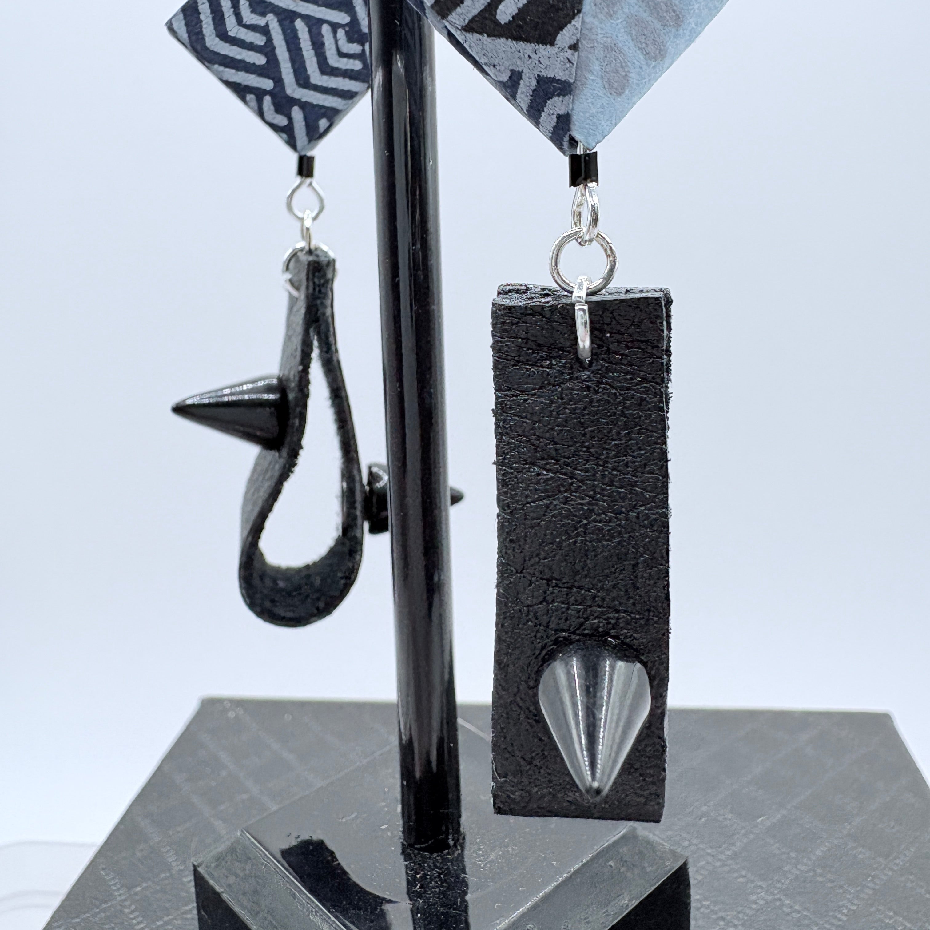 Indigo Japanese Paper and Leather Earrings – statement origami earrings