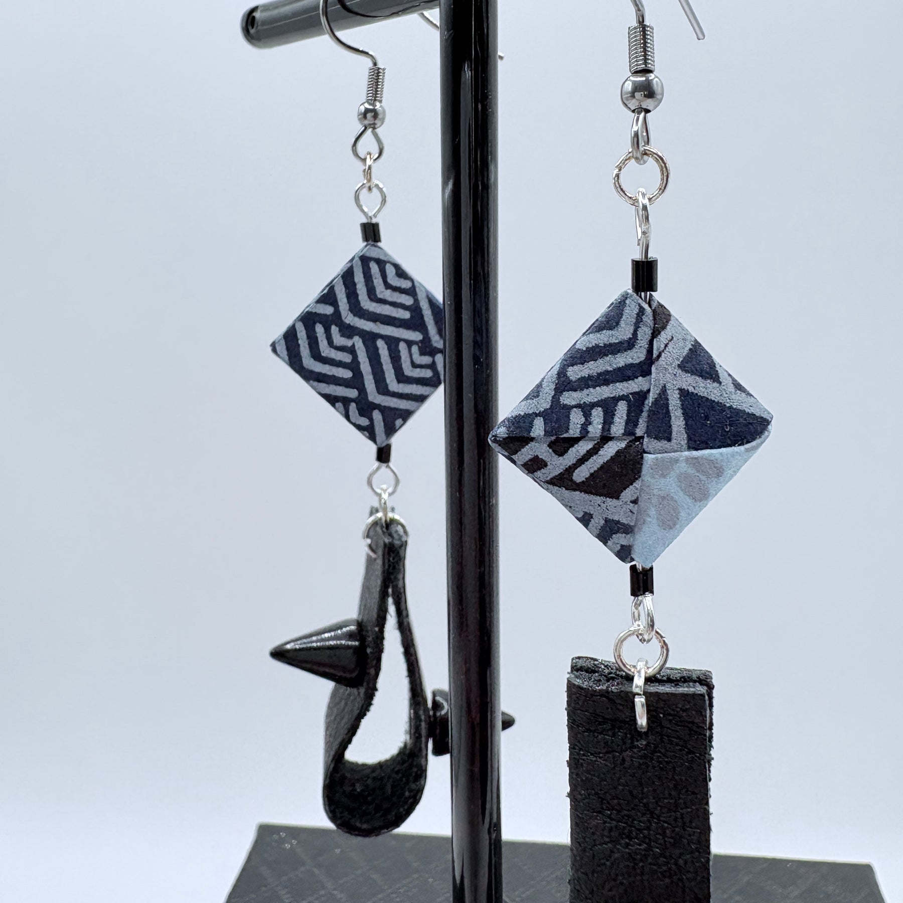Indigo Japanese Paper and Leather Earrings – statement origami earrings