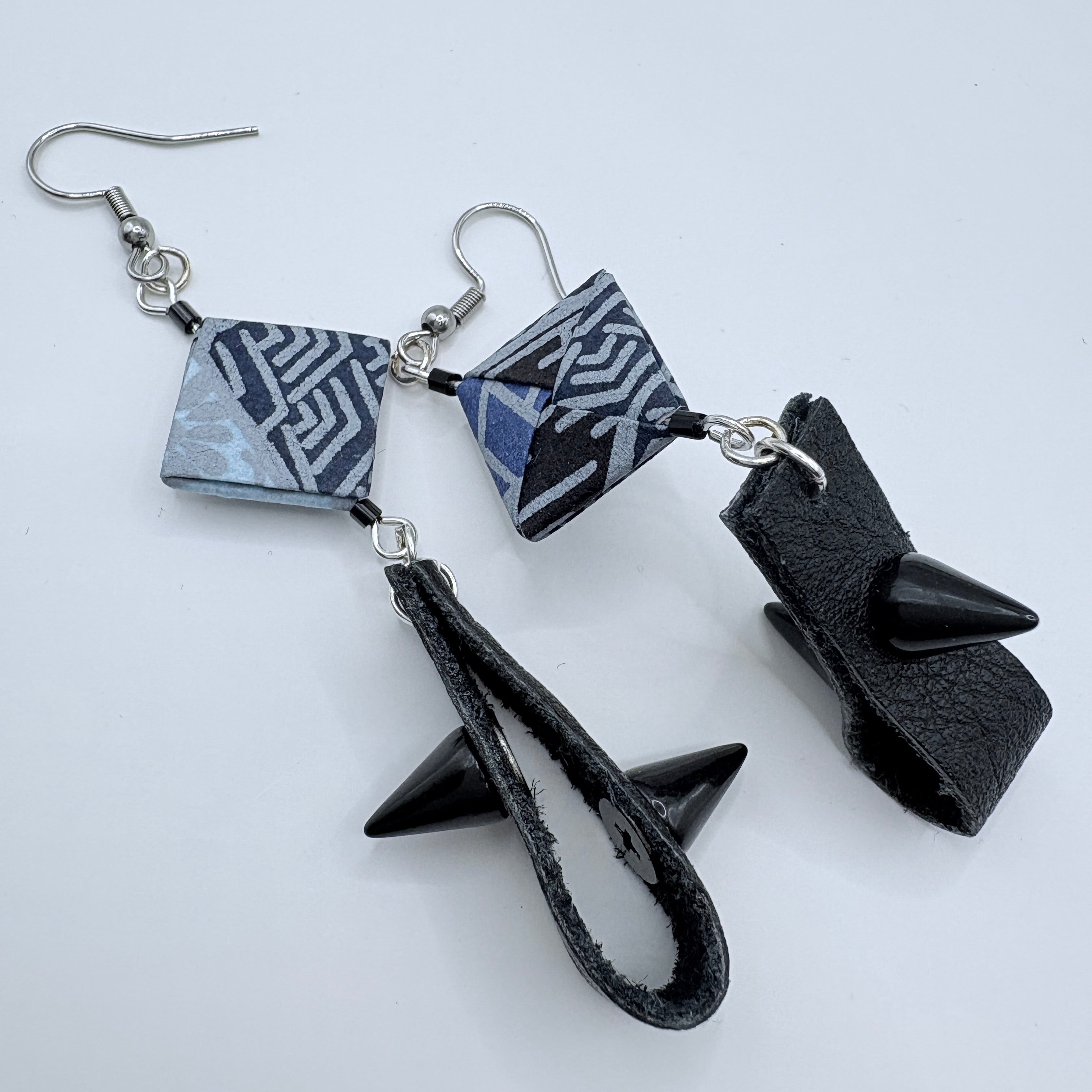 Indigo Japanese Paper and Leather Earrings – statement origami earrings