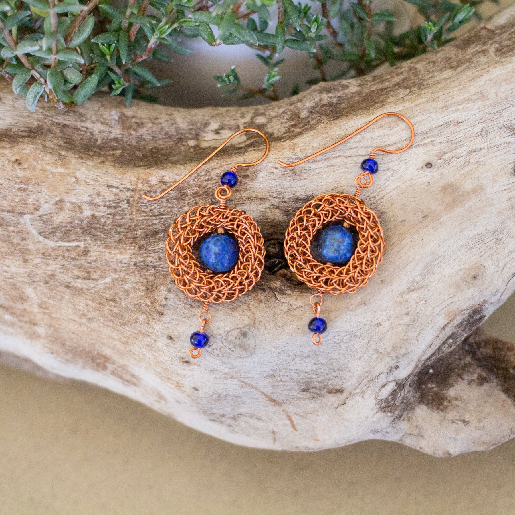 Antique Copper Viking Wire Knit Earrings with Lapis Lazuli Stones