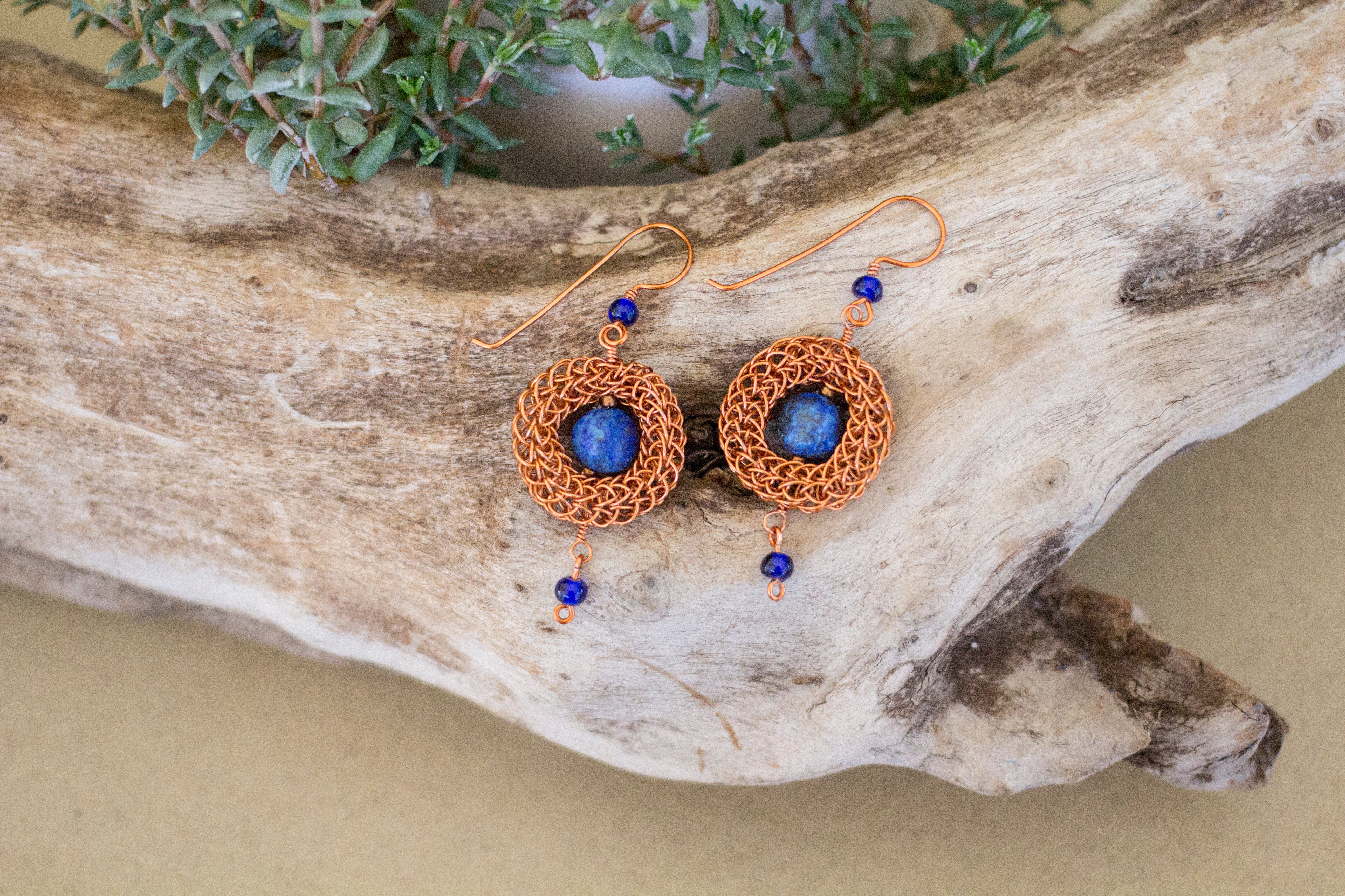 Antique Copper Viking Wire Knit Earrings with Lapis Lazuli Stones