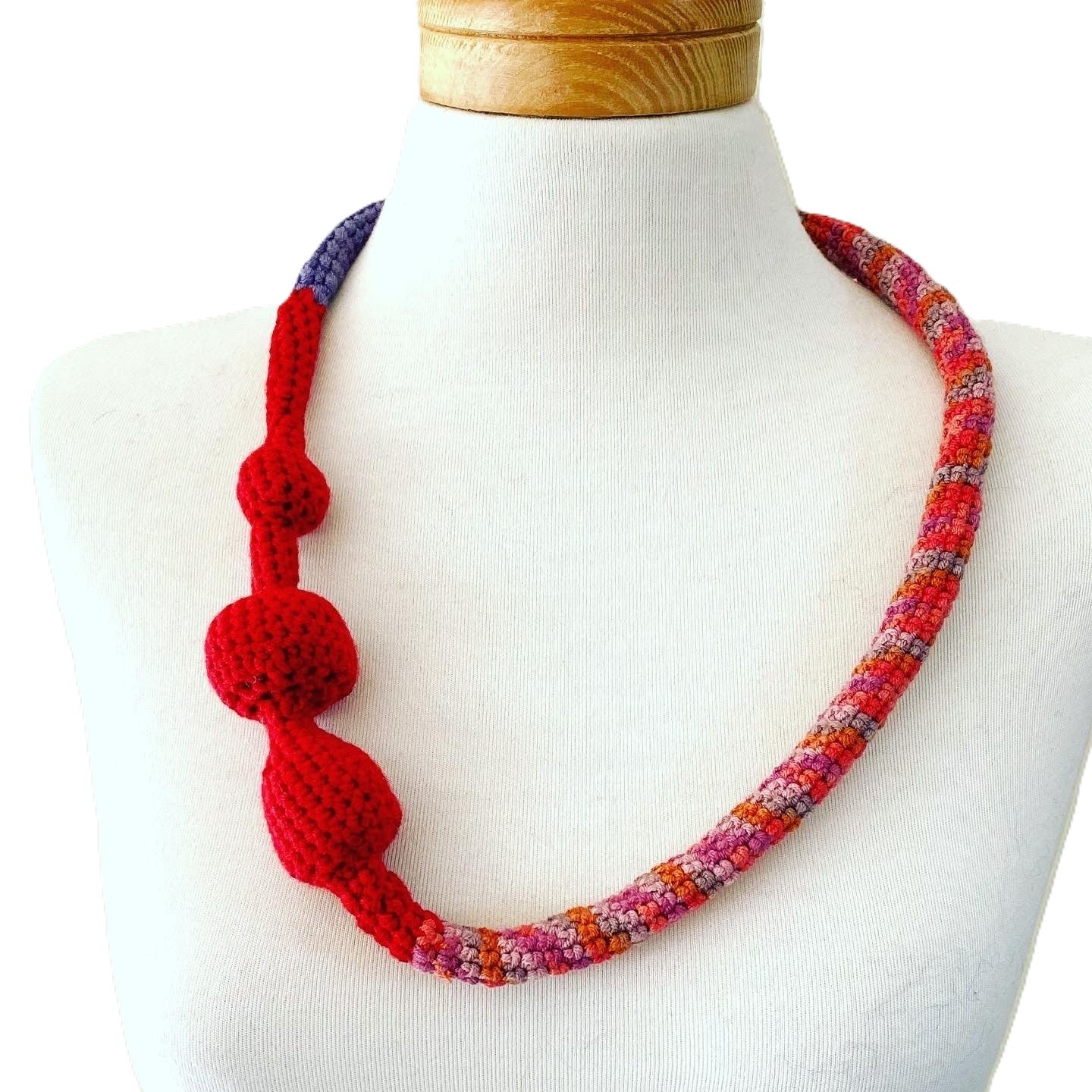 Handmade Crochet Statement Necklace | Asymmetric Red Purple Pink Orange | Continuous Loop | Fiber Art Jewelry | Unique Gift