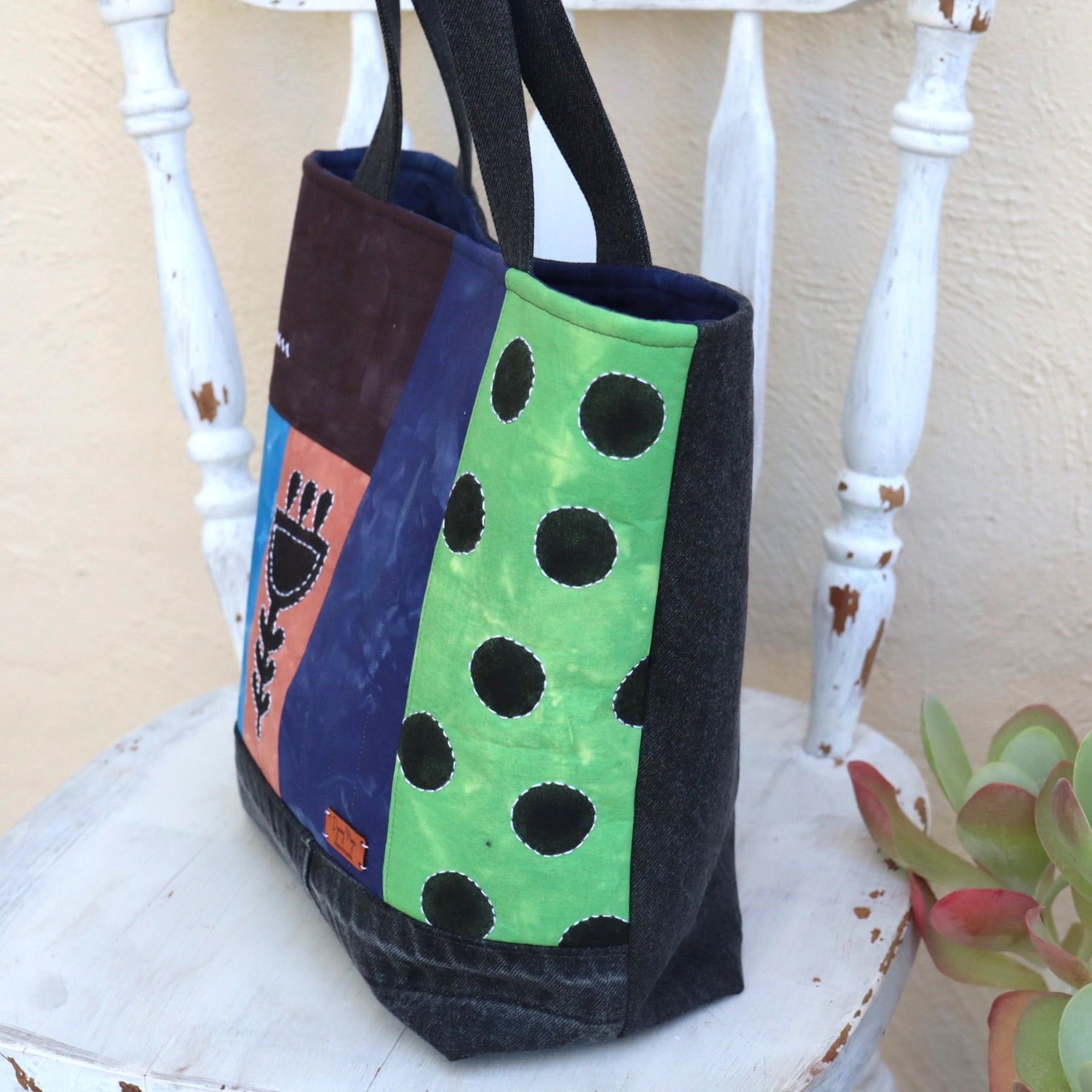 Tote Bag, Hand Dyed with upcycled denim and stenciled motifs
