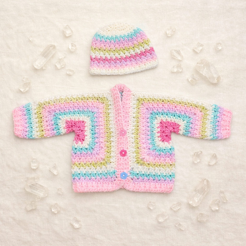 MAISIE Multi Coloured Criss Cross Hexi Baby Cardigan and Beanie Set