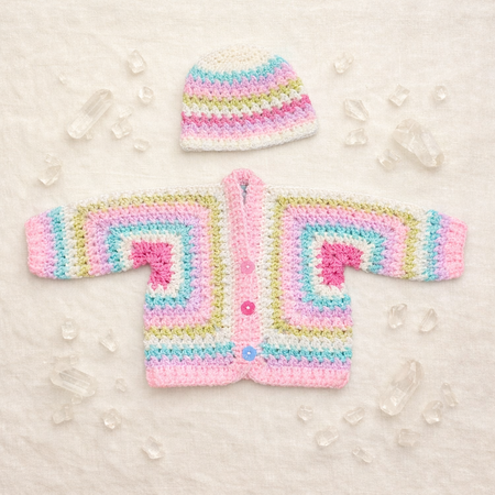 MAISIE Multi Coloured Criss Cross Hexi Baby Cardigan and Beanie Set