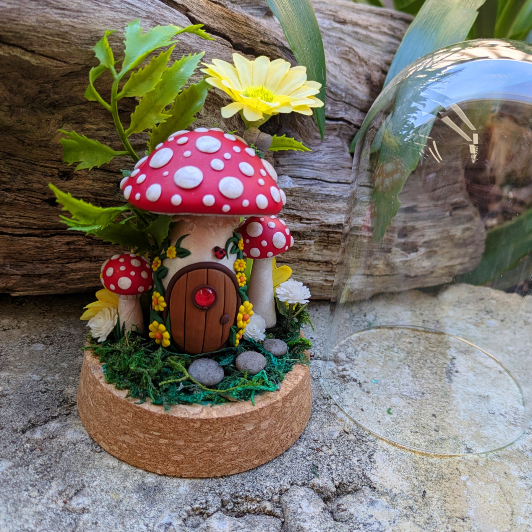 Enchanted Red Fairy Mushroom House in glass dome