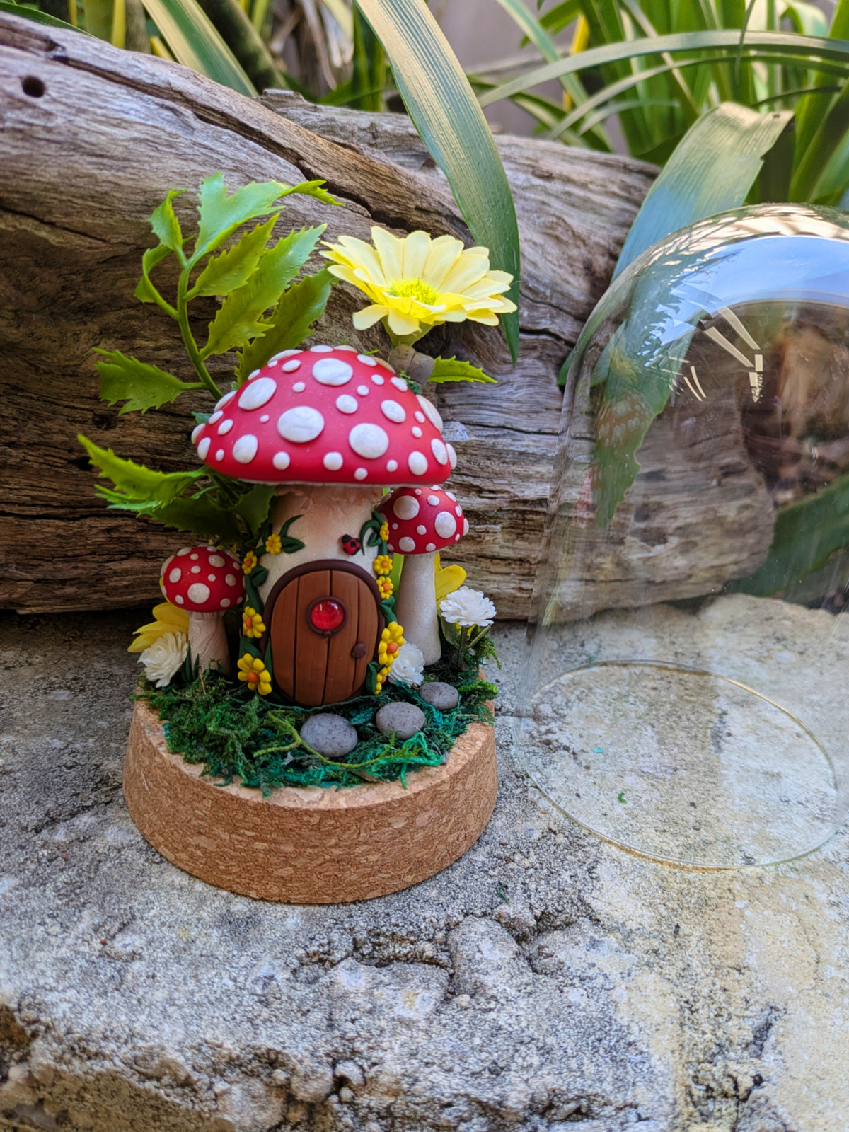 Enchanted Red Fairy Mushroom House in glass dome