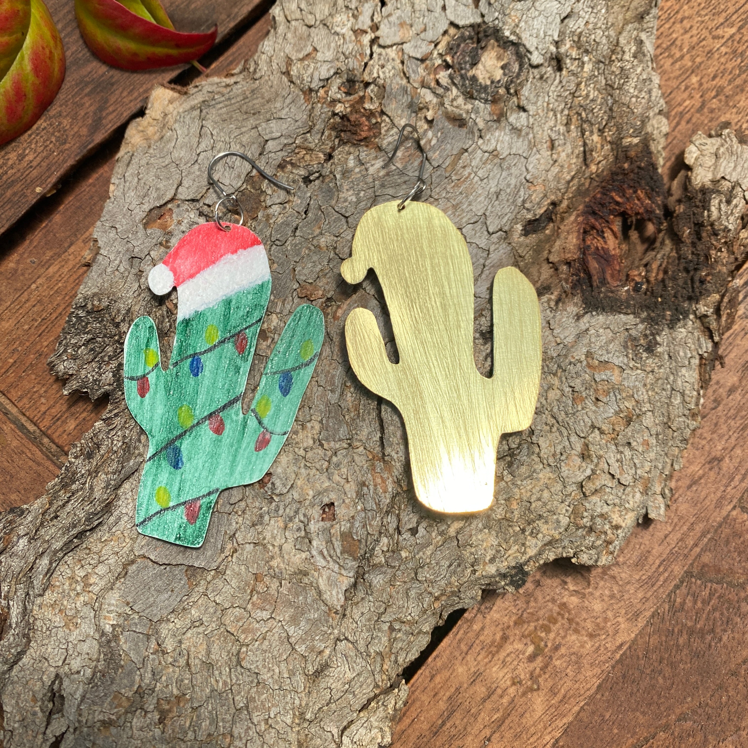 Christmas Cactus Earrings – Hand-painted Brass Jewellery