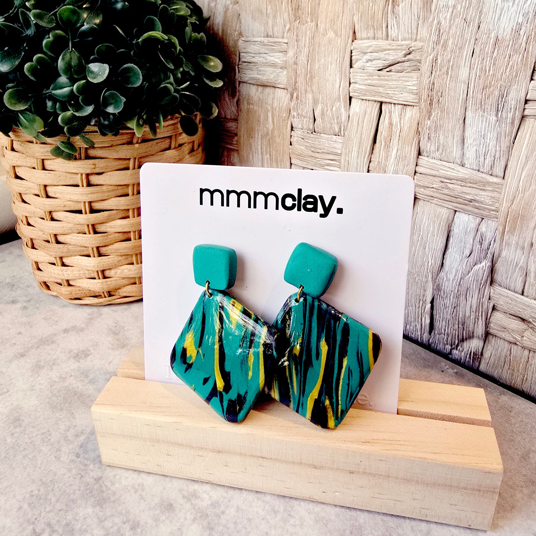 Teal Mustard Black Geometric Polymer Clay Dangle Earrings