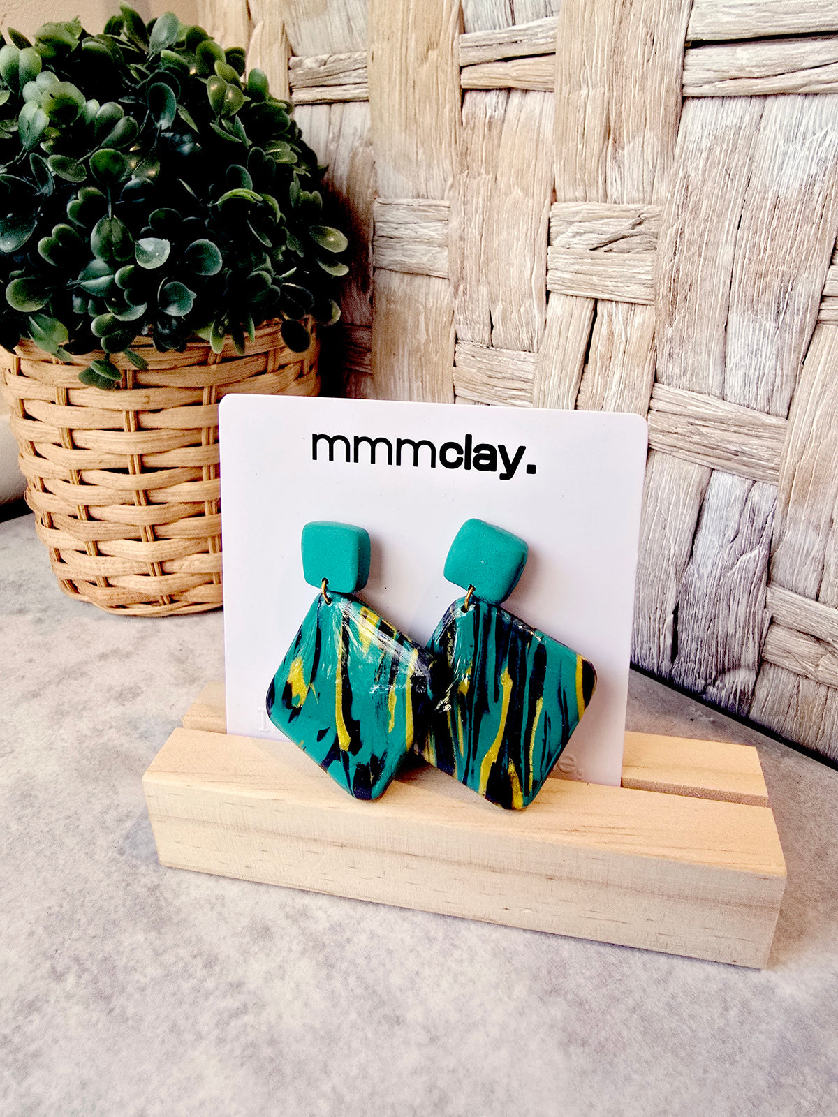 Teal Mustard Black Geometric Polymer Clay Dangle Earrings