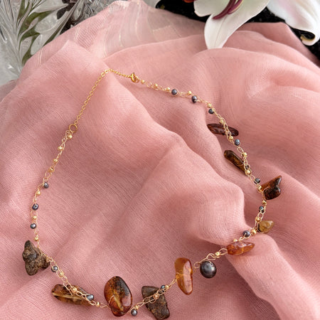 Amber & Pearls Necklace-Chocker “Sunset”