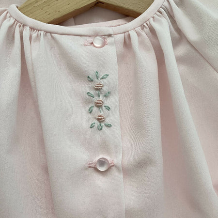 Vintage-style newborn baby day gown with hand embroidery - ballet pink imperial batiste fabric