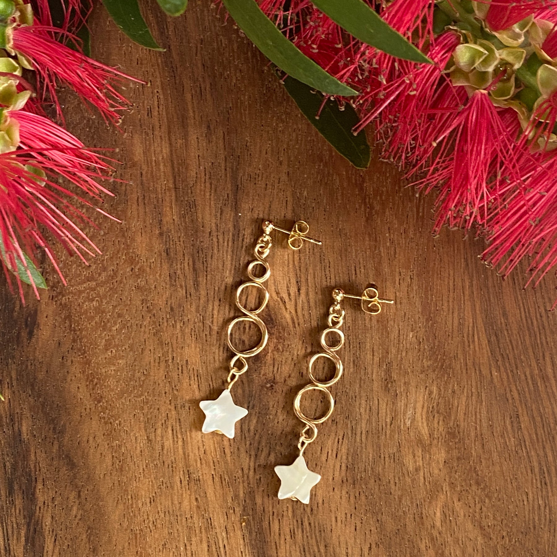 Gold Loop Star Christmas Earrings | Mother of Pearl | Festive Jewellery
