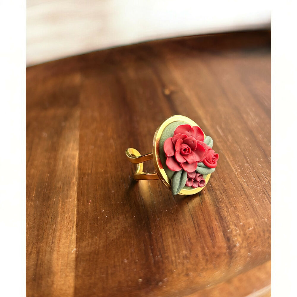 Red Floral Rose small oval statement ring hand sculpted