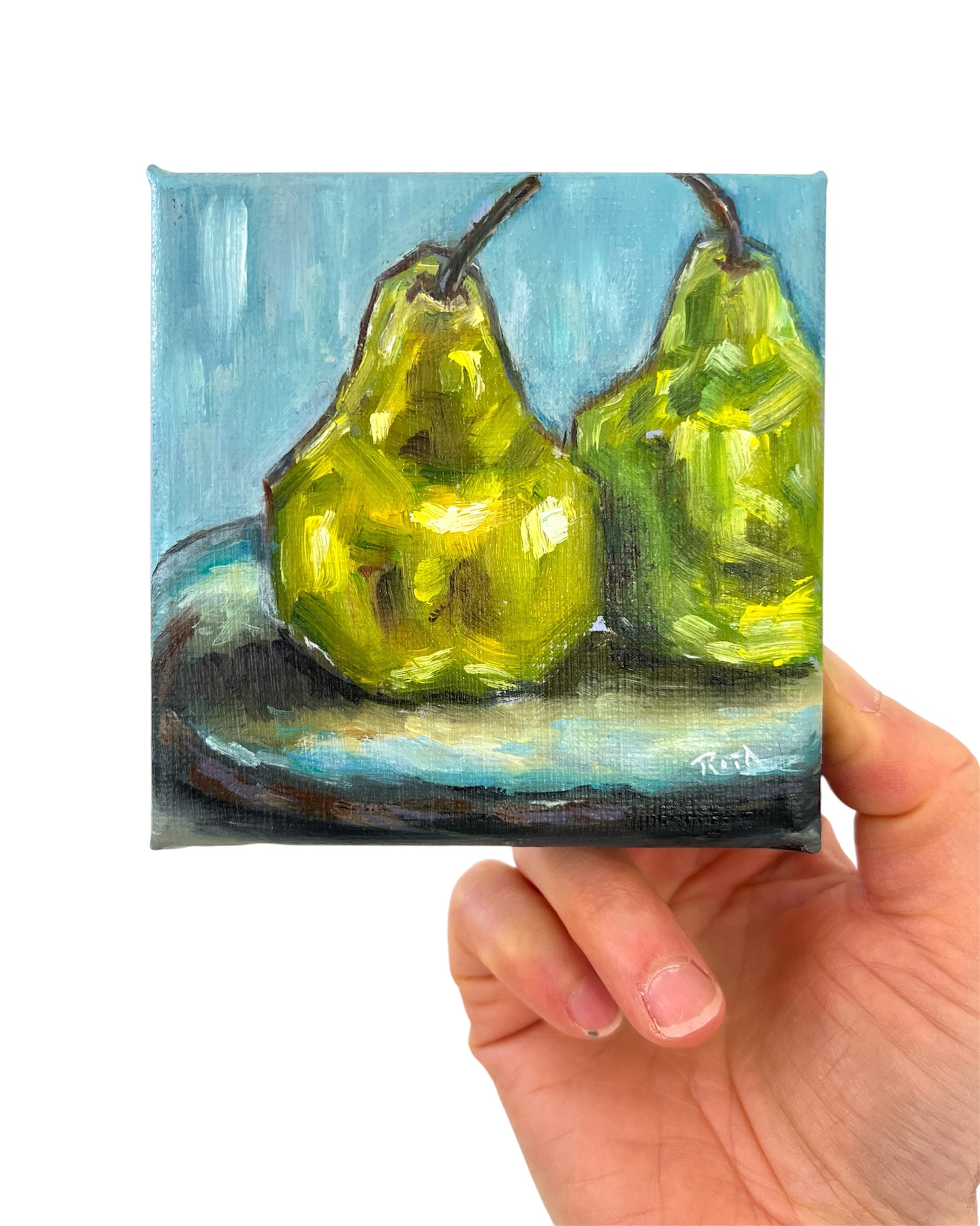 Mini Pear Oil Painting, Original Fruit Artwork, Small Still Life Painting
