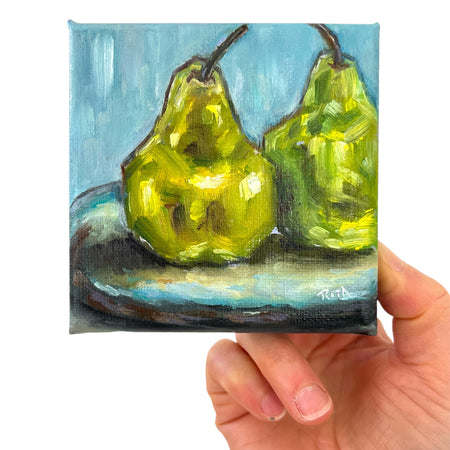 Mini Pear Oil Painting, Original Fruit Artwork, Small Still Life Painting
