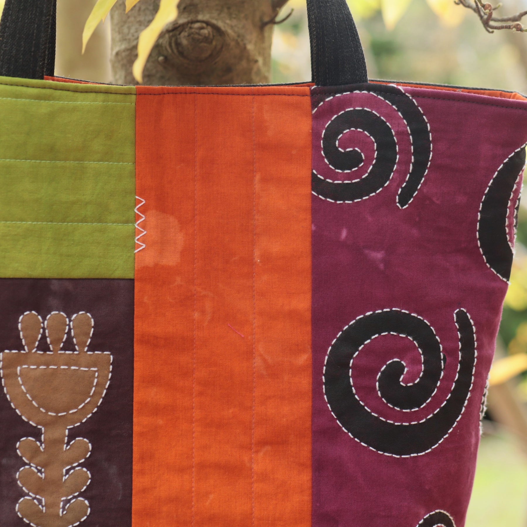 Tote Bag, Hand Dyed with upcycled denim, autumn colours