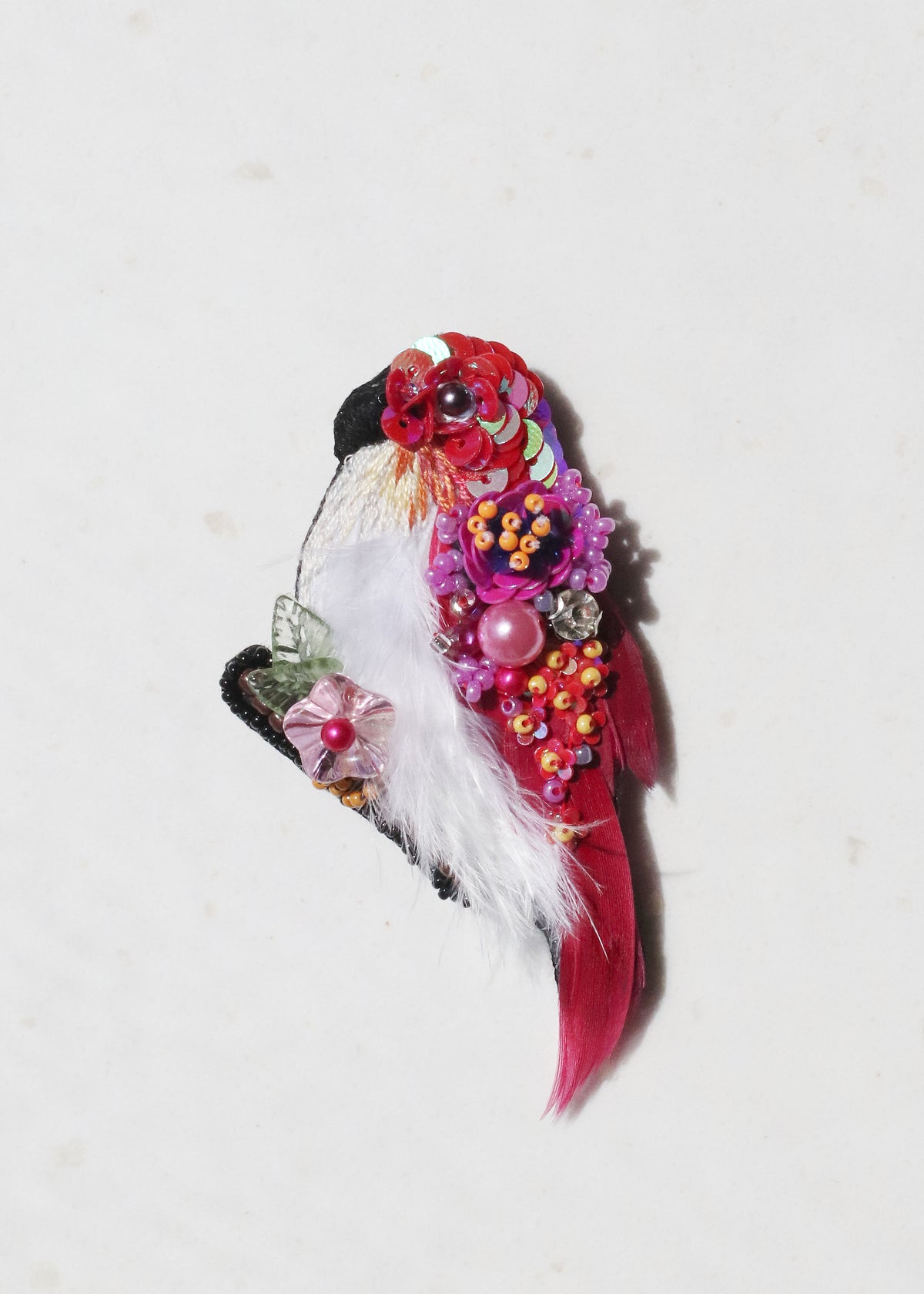 Crimson Feather Beaded Brooch