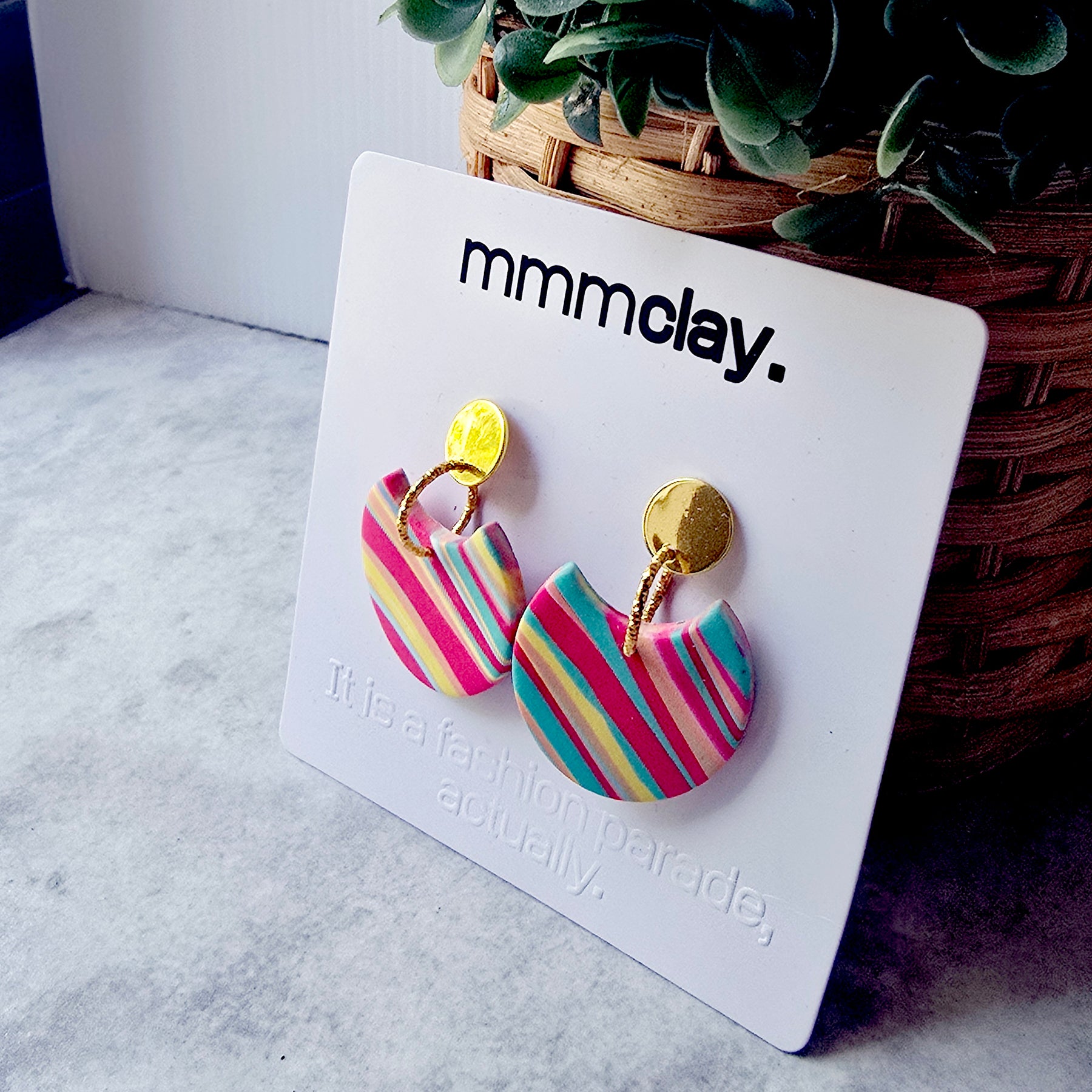 Multicolour Striped Polymer Clay Statement Drop Earrings | 9K Gold Plated