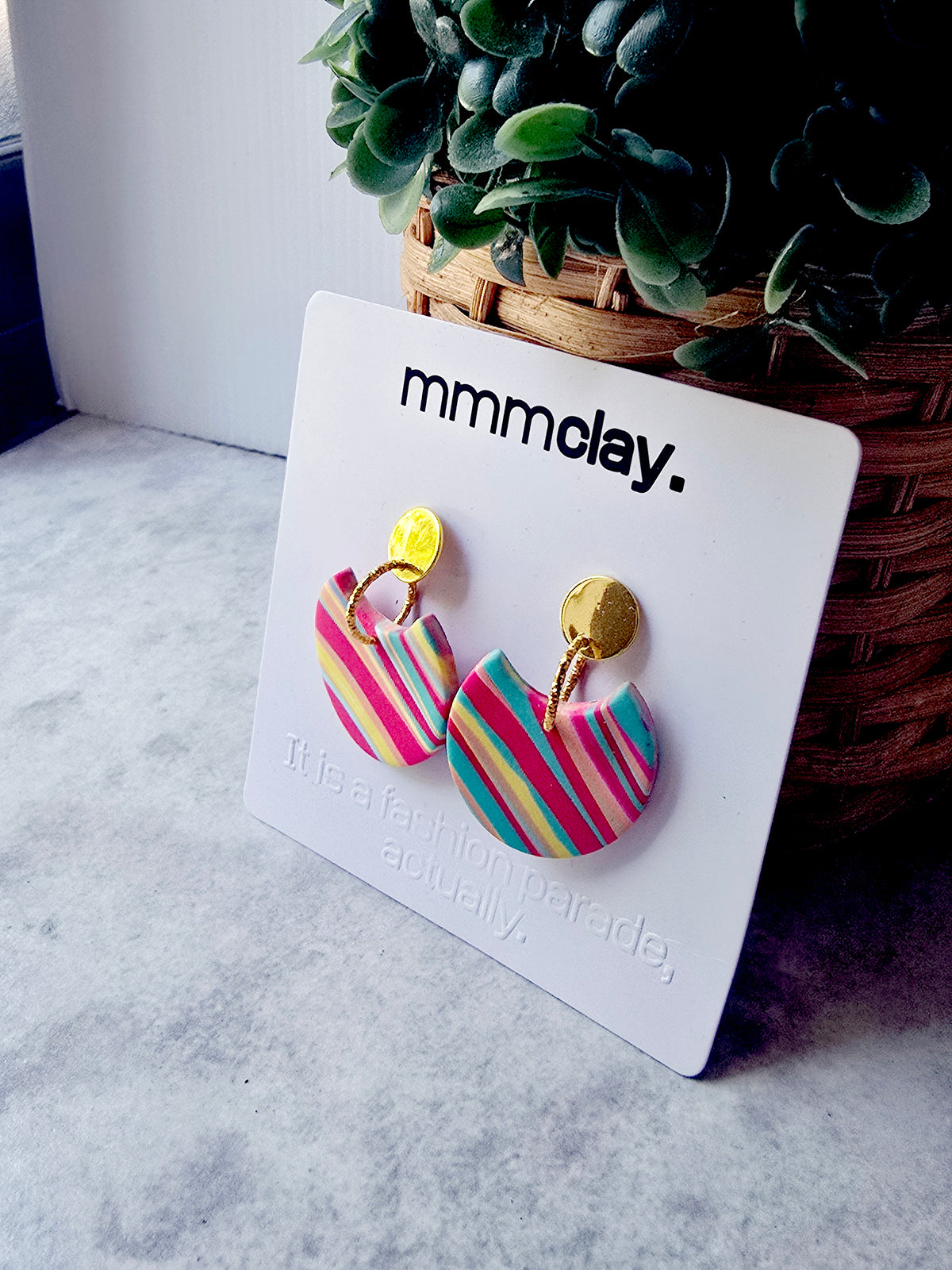 Multicolour Striped Polymer Clay Statement Drop Earrings | 9K Gold Plated
