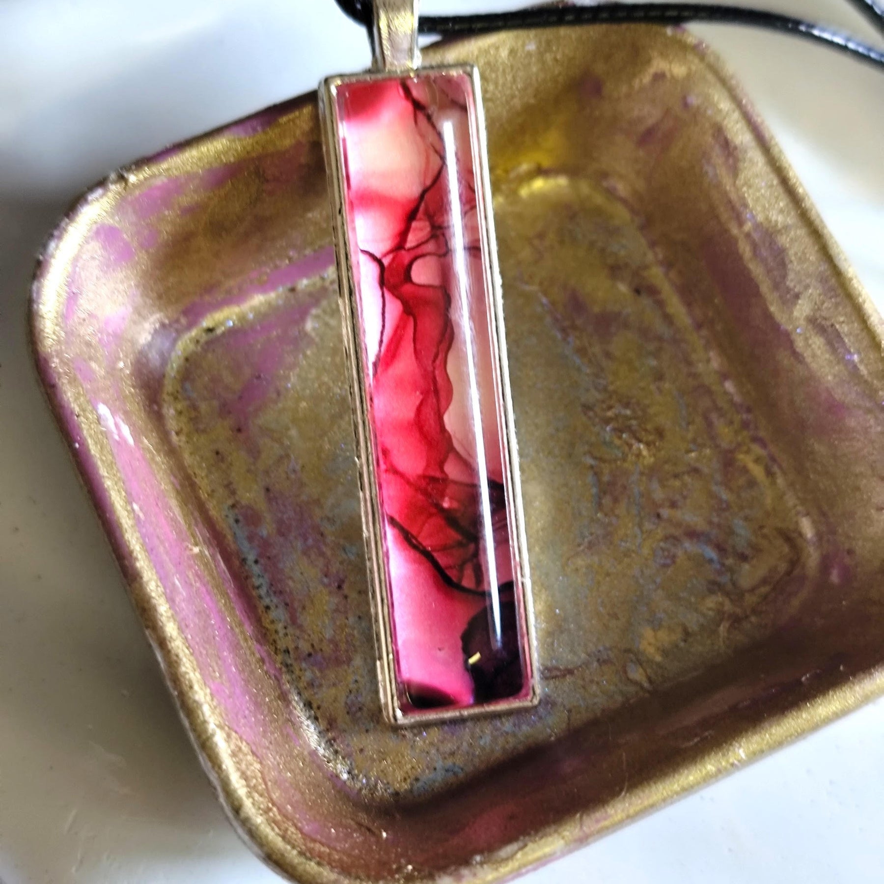Red Alcohol Ink Pendant Necklace, Wearable Original Painting