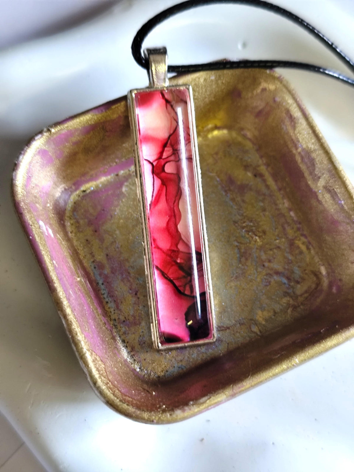 Red Alcohol Ink Pendant Necklace, Wearable Original Painting