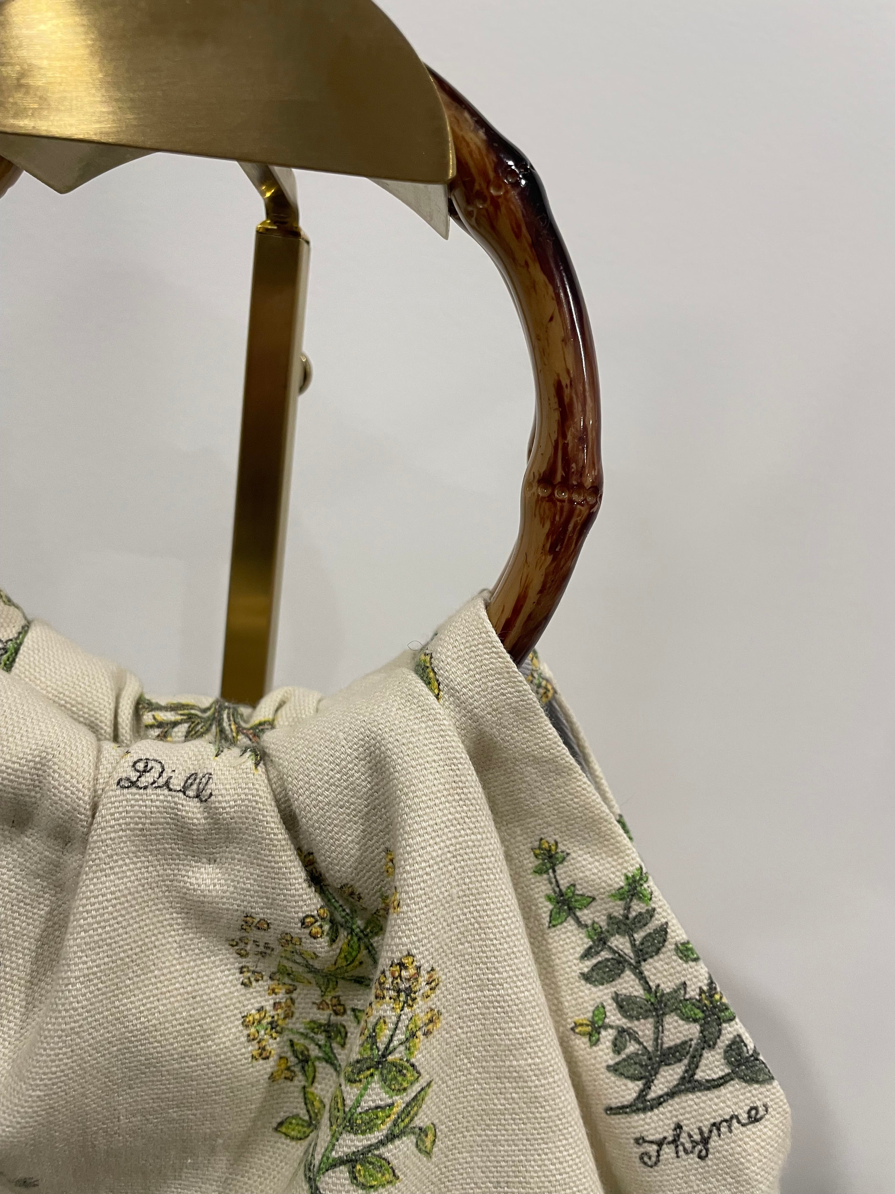 Boho Herb Granny Bag – Reclaimed Napkin Fabric Handbag, Grey Lining