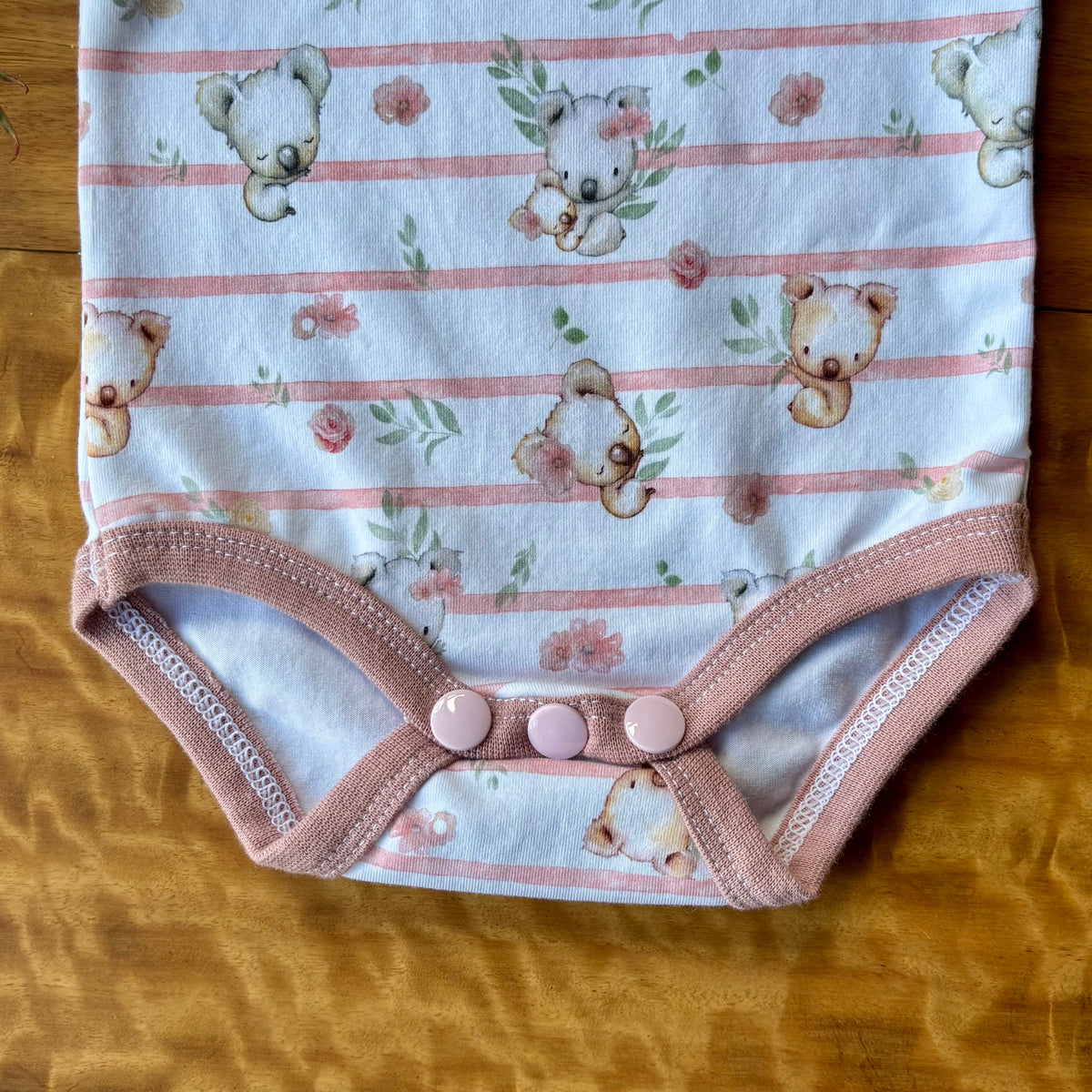 Baby Short Sleeved Bodysuit | Pink Koala Stripe | Size premmie to 2 | Made to order