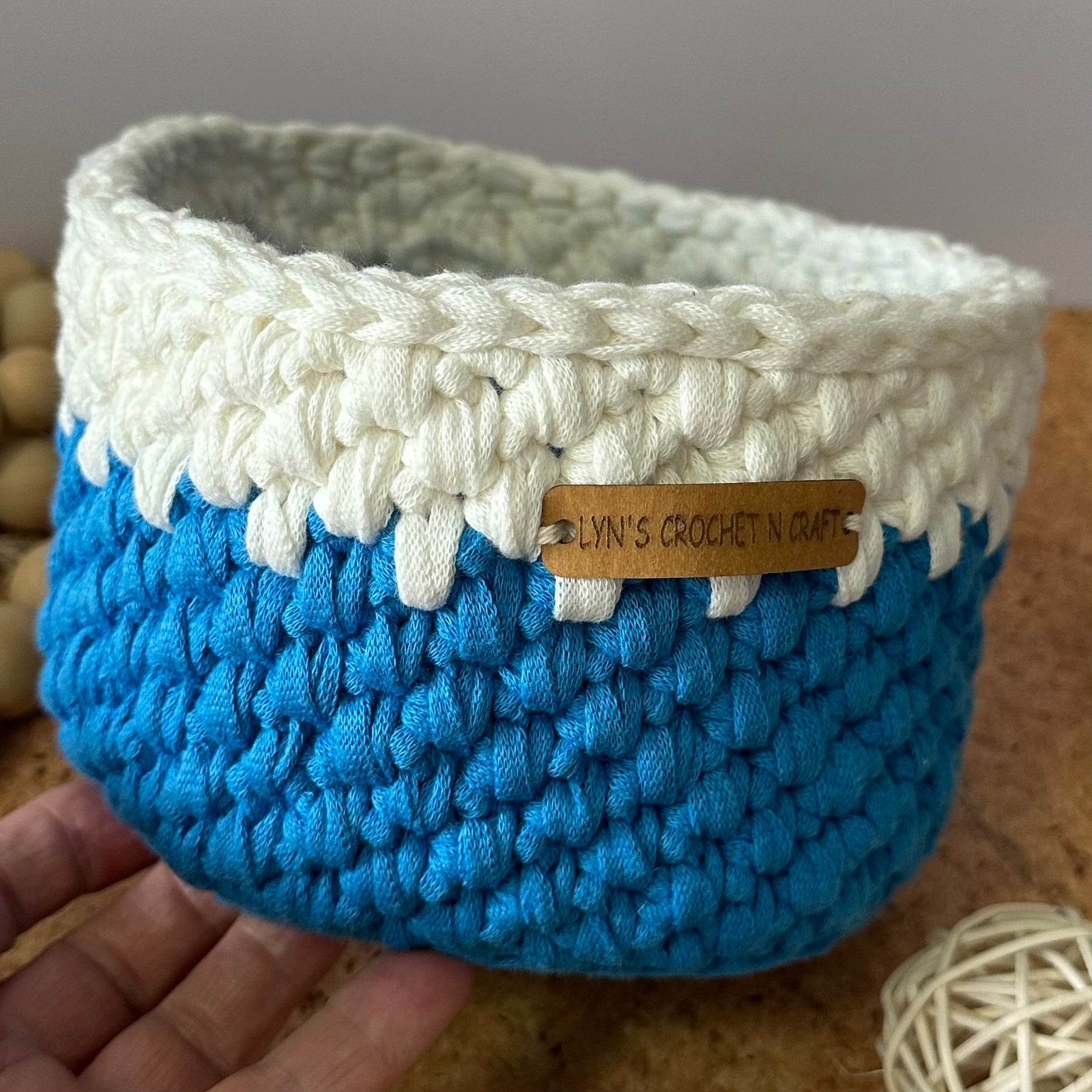 Handmade Blue and White Crochet  Basket
