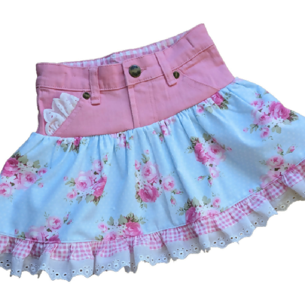 Upcycled Denim skirt size 3-4 in Pink floral