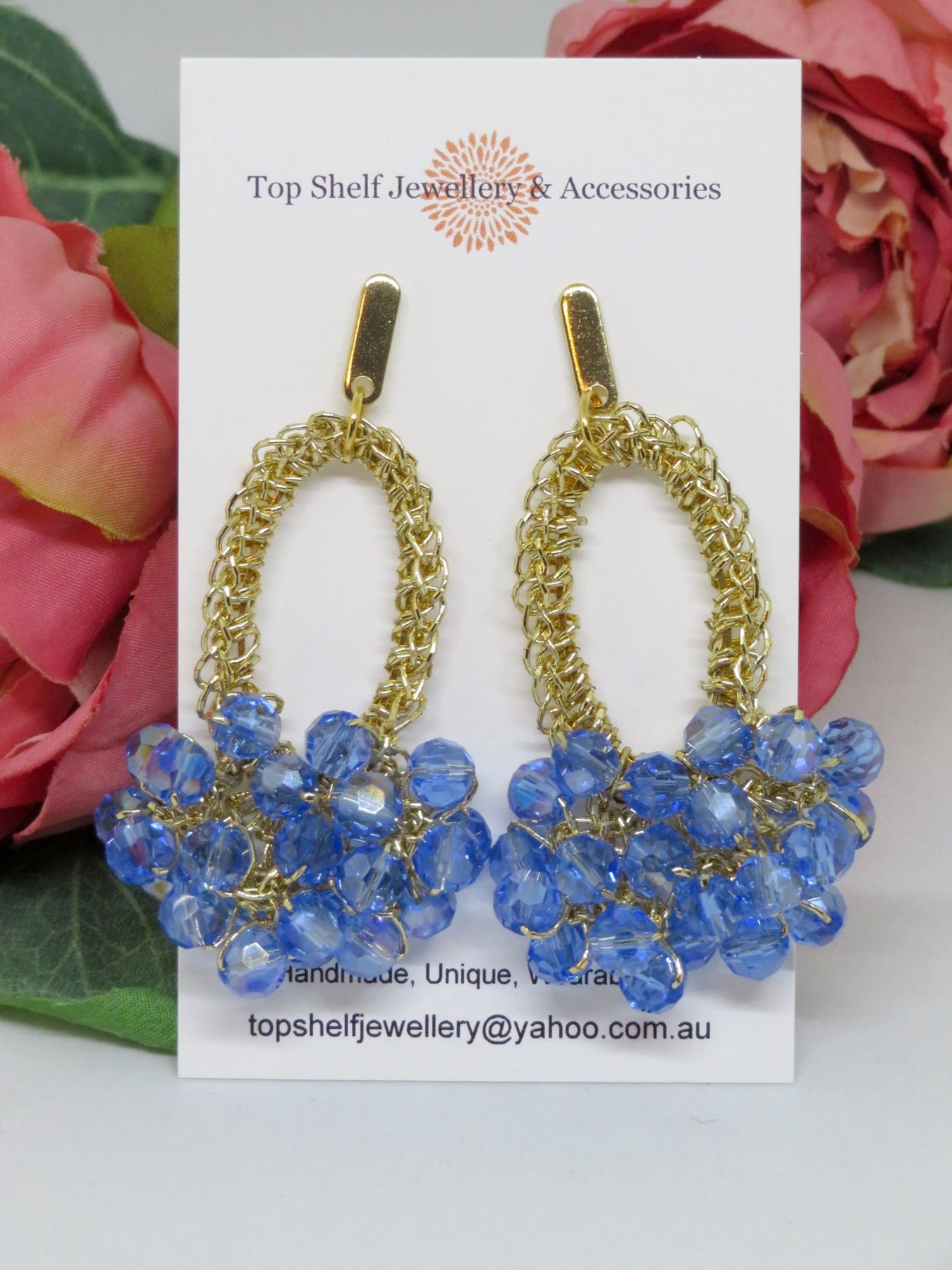 Blue Gold Crochet Bespoke Boho Thread Chandelier Beaded Earrings