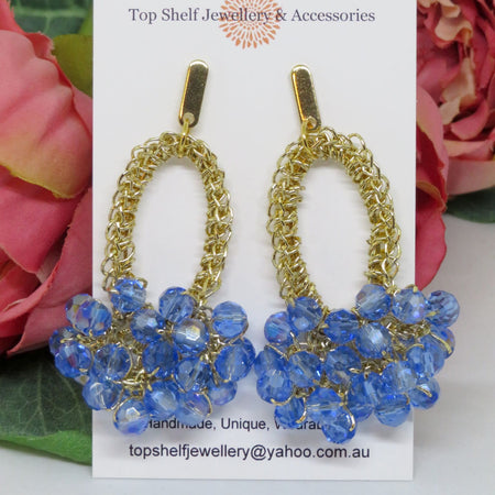 Blue Gold Crochet Bespoke Boho Thread Chandelier Beaded Earrings
