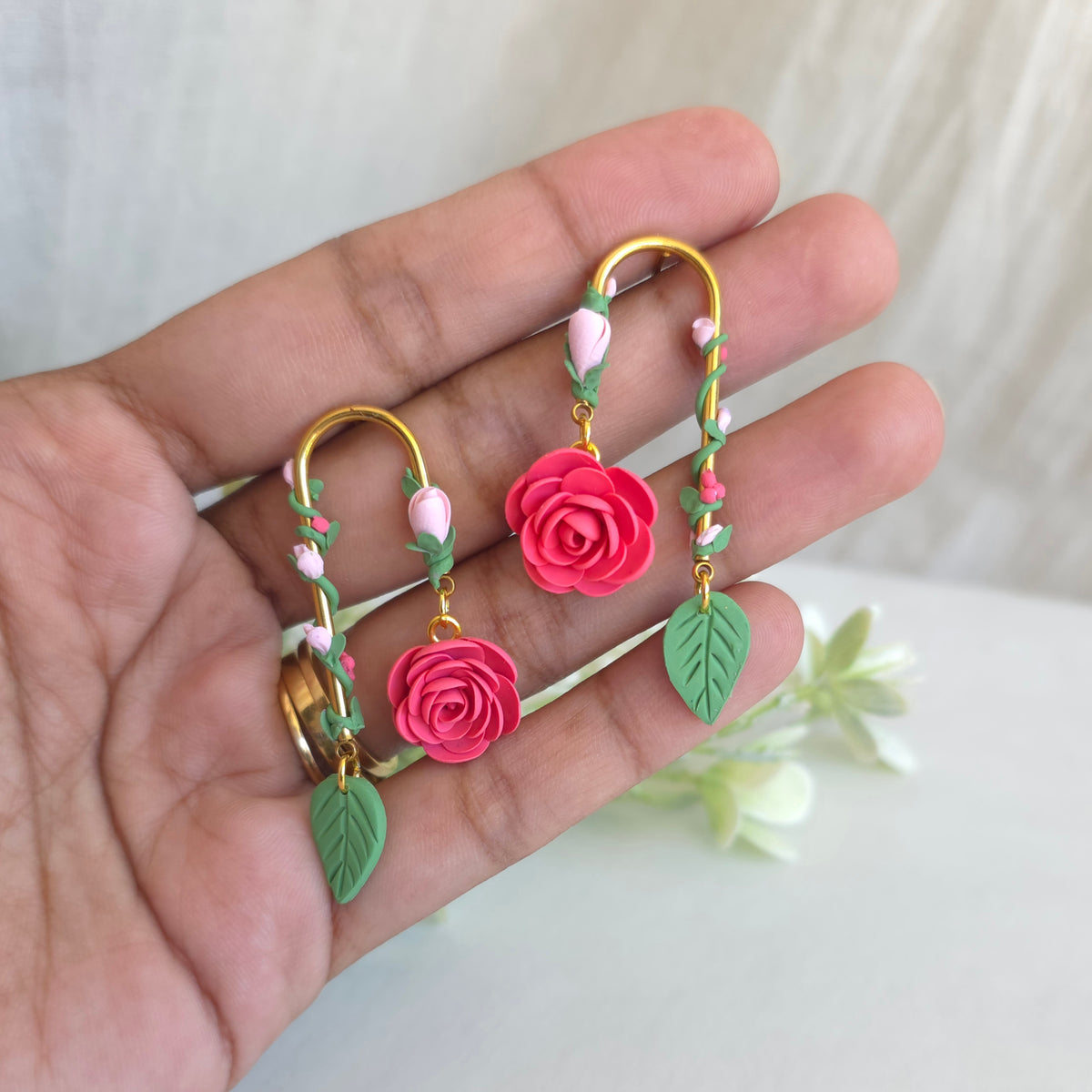 Handmade Polymer Clay Rose Earrings | Floral Vine Dangles | Lightweight Botanical Jewellery